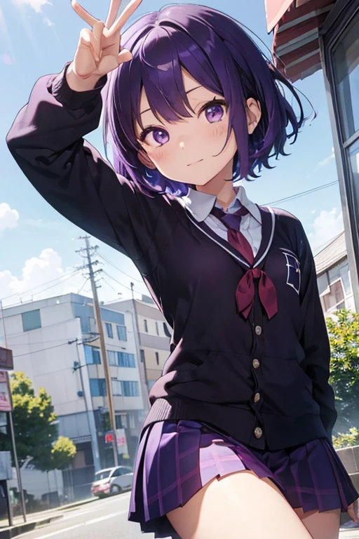 slant eyes 、Purple hair color、short hair、purple eyes、left eye is closed and right eye is open。They are giving a peace sign towards here、school uniform with red ribbon