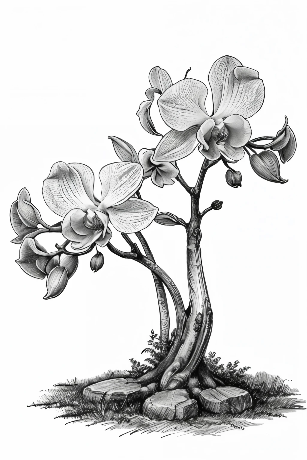 a tree with an orchidea growing on it, hand drawing, sketch illustration, beautiful, black and white colors,