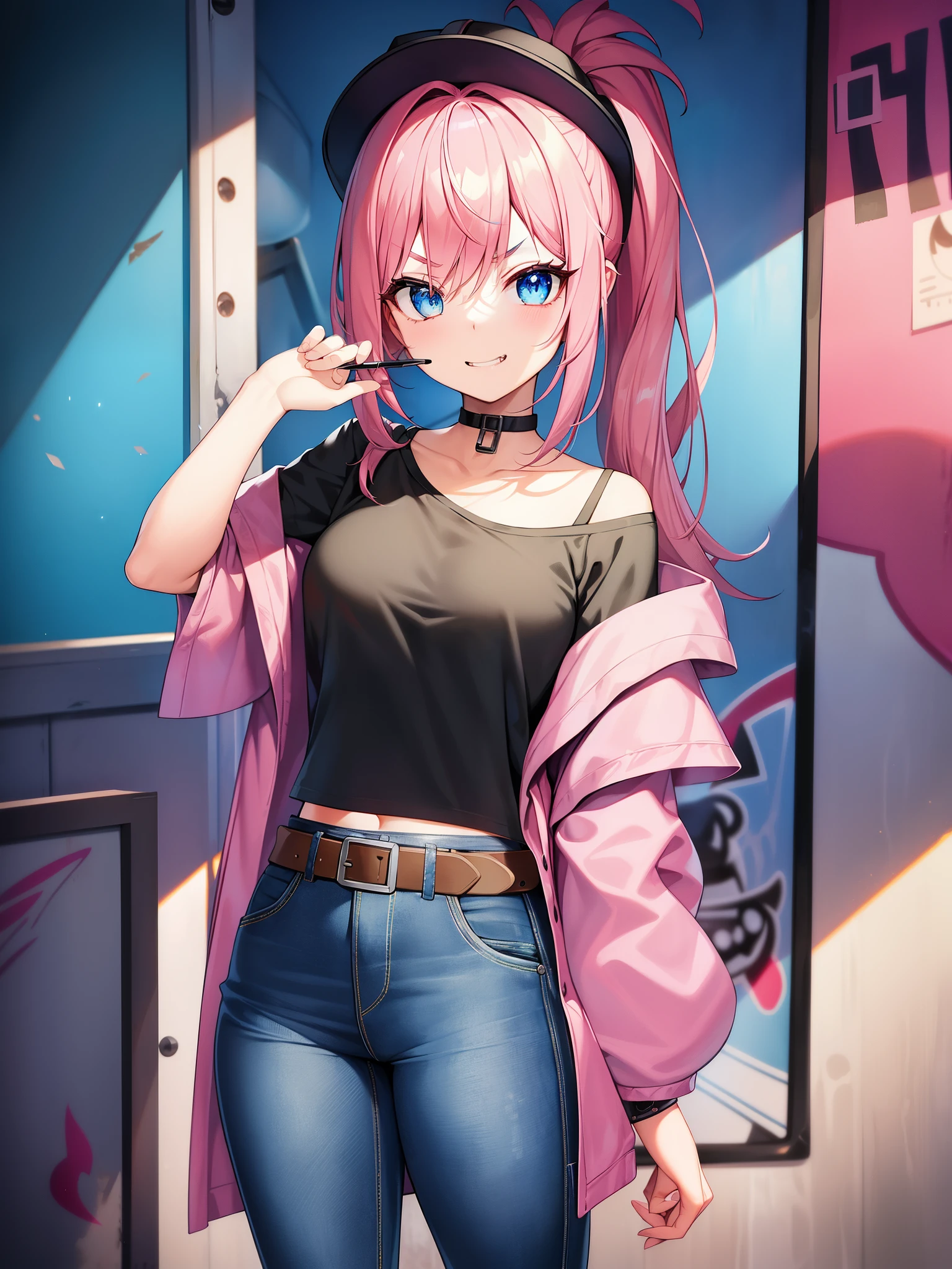 original character、volume lighting、best shadow、shallow depth of field、Stunning Girl Portrait、delicately beautiful face、pink hair、charming blue eyes、dirty painted face、sharp eyebrows、bright smile、open your mouth、exposing fangs、cute medium chest、Layered Long Ponytail Blonde、Blushing eyeshadow、thick eyelashes、Applejack Hat、oversized pop jacket、Mini Underbob T-Shirt、Crop Button、slim waist、jeans、with buckle belt、In the graffiti alley、machine、classroom、holding a pencil、Are standing、(highest quality、great details:1.25)、(solo:1.3)、Brilliant and colorful paintings