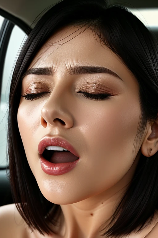 table top,,Awards - Winning Photos, very detailed, edge orgasm,face focus, close up of face、(woman with open mouth and closed eyes ), 18-year-old、black haired、CNN news anchor、Glossy skin、Inside the car、close up of face,from below、realistic nose,short cut hair、kiss