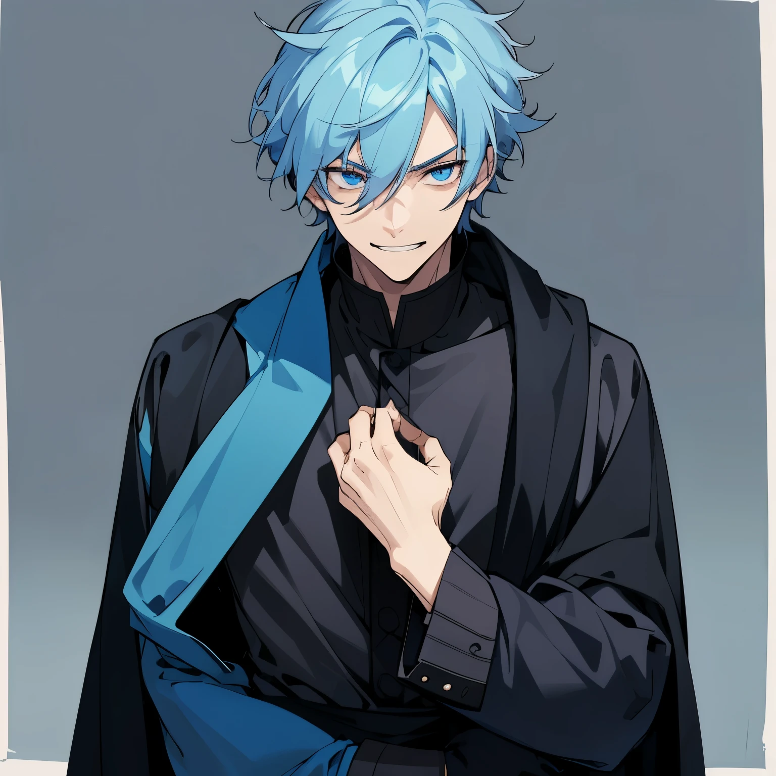 1 boy, light blue hair, blue eyes, black noble cloth, calm face, handsome male guy, masculine, old boy, grown man, 28 years old, bored face, man, big male, villain, psychopath smile, short hair, missy hair 