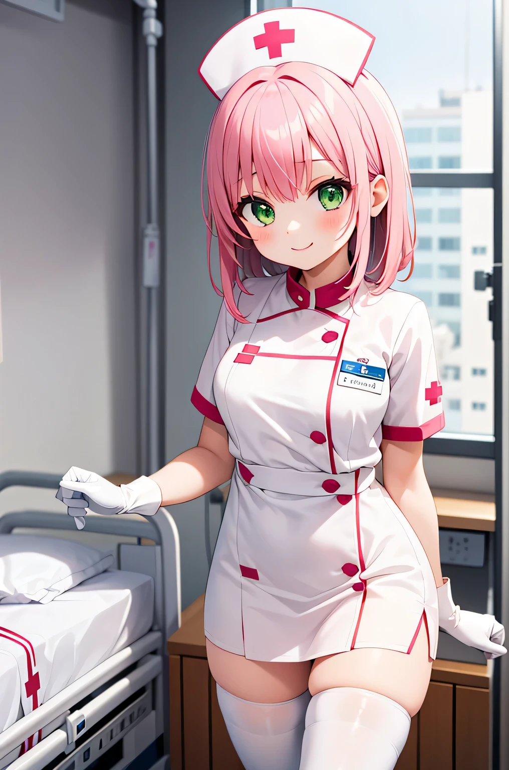 1 girl, alone, nurse, nurse cap, Whiteware, ((white legwear, zettai ryouiki)), white gloves, pink hair, green eyes, droopy eyes, smile, Are standing, ((hospital room)), sharp outline, short sleeve, highest quality, masterpiece