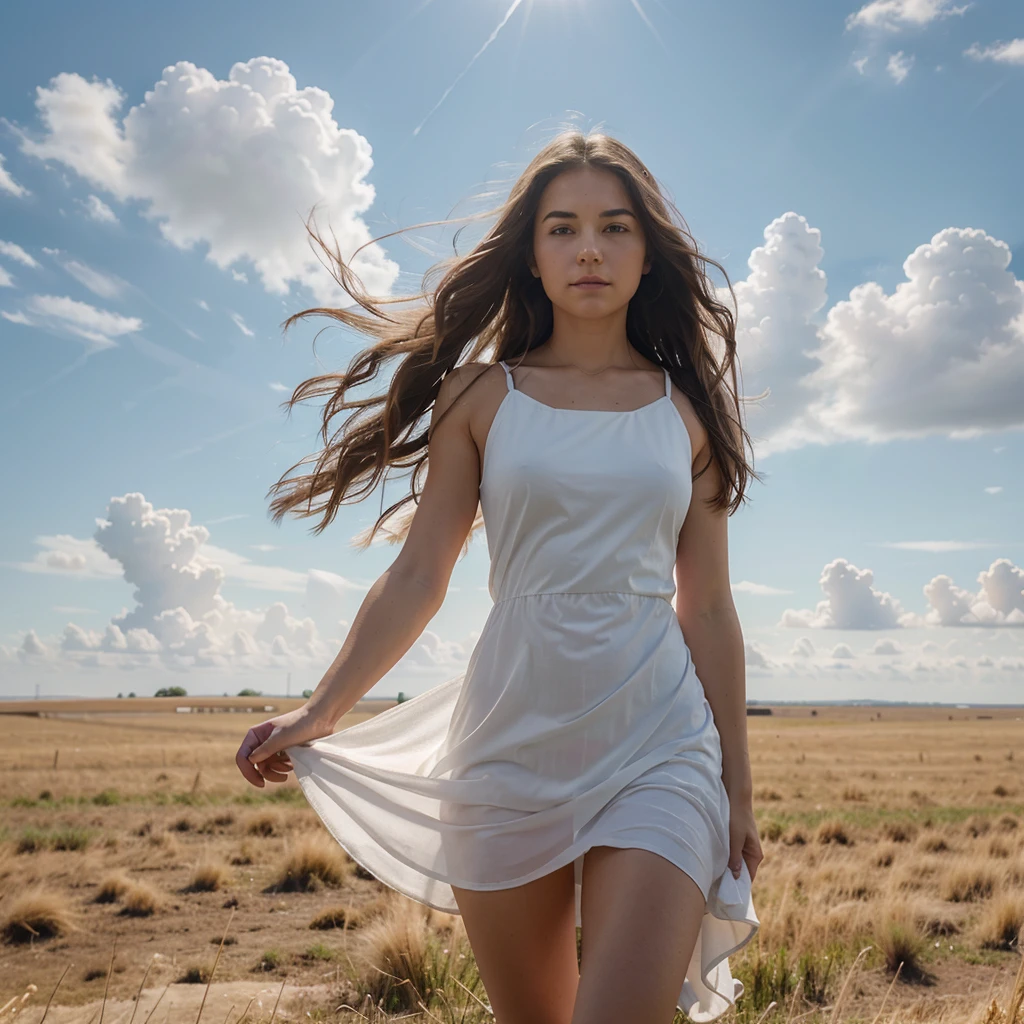Girl standing in the middle of a vast grass field, gaze fixed on the blue open sky with white cumulonimbus clouds and a contrail passing by. The sun is glowing brightly, casting long shadows as the steppe grass sways gently in the wind. This live action image is rendered in extremely high quality with remarkable photoquality, transparency, and realisticity. Every detail is crisp and clear, from the film grains of the Digital SLR to the Fujifilm XT3's realistic depiction of the girl's hair swaying in the wind and the NFSW appeal of her white camisole dress. She is bare-legged and her hair reaches down to her shoulders