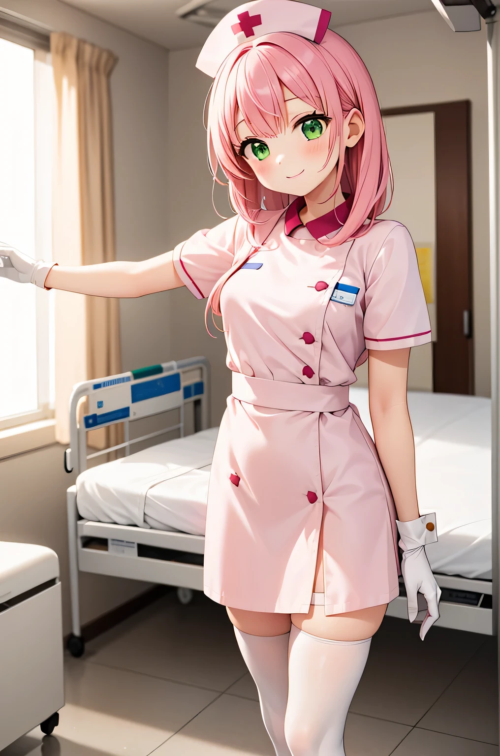 1 female, alone, nurse, nurse cap, Whiteware, ((white legwear, zettai ryouiki)), white gloves, pink hair, green eyes, droopy eyes, ((White surgical mask, Covered nose)), Are standing, ((hospital room)), sharp outline, short sleeve, mature woman, 32 years old, highest quality, masterpiece