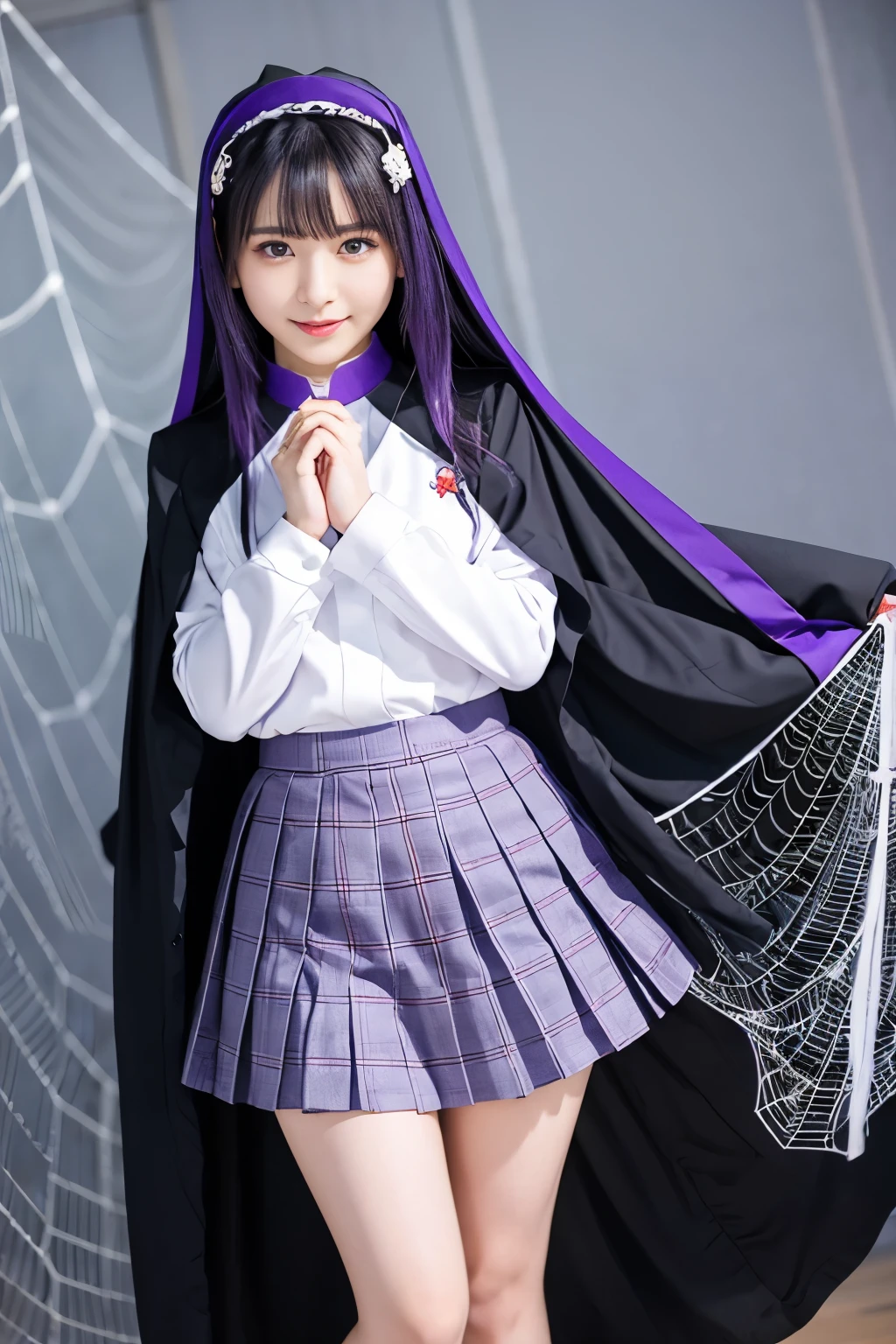 spider saint、good style、、、whole body、、、、、、Mini skirt priest's uniform、、priest&#39;s veil、purplehair、Giant spider web