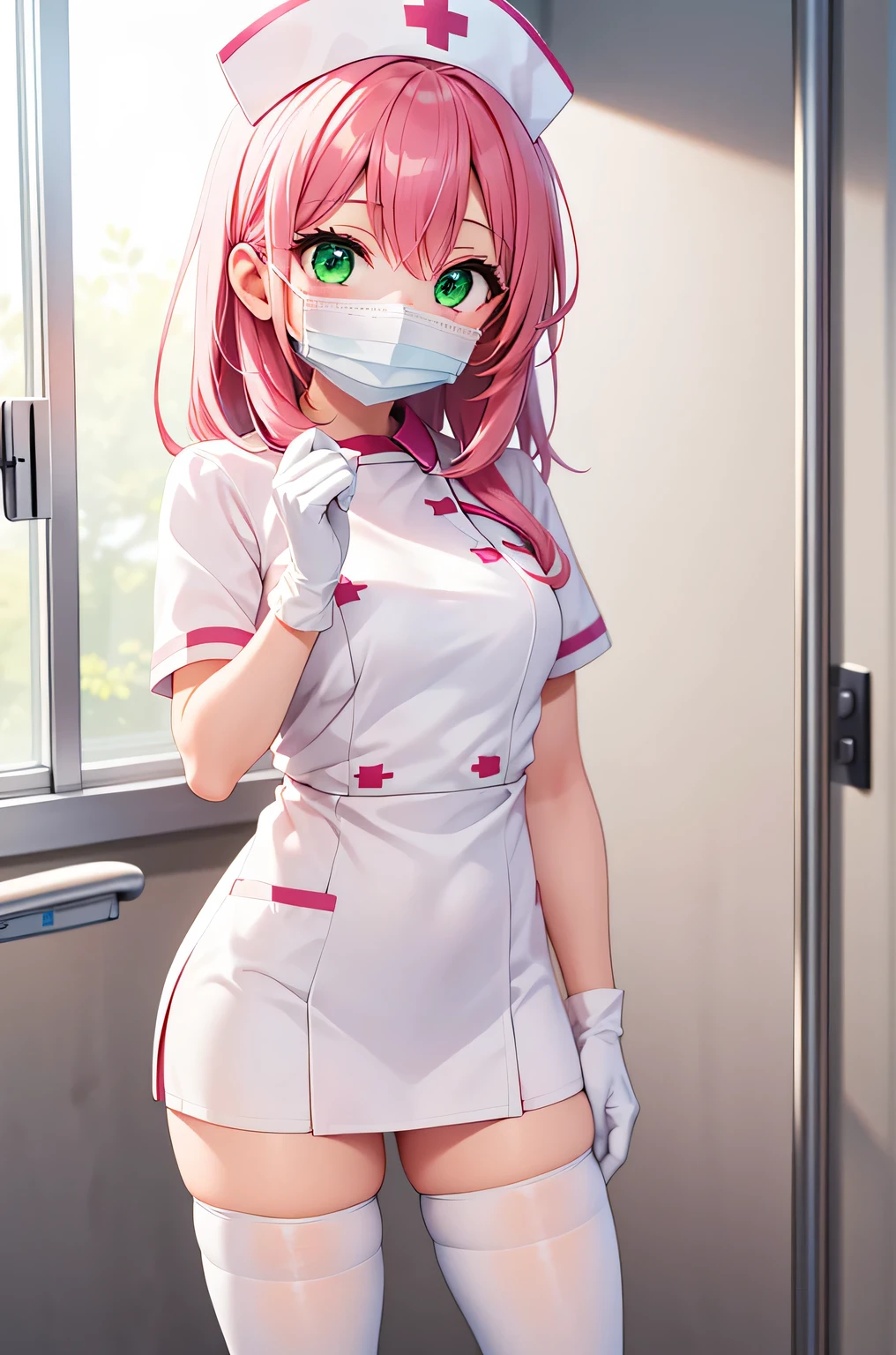 1 girl, alone, nurse, nurse cap, Whiteware, ((white legwear, zettai ryouiki)), white gloves, pink hair, green eyes, droopy eyes, ((White surgical mask, Covered nose)), Are standing, ((hospital room)), sharp outline, short sleeve, highest quality, masterpiece