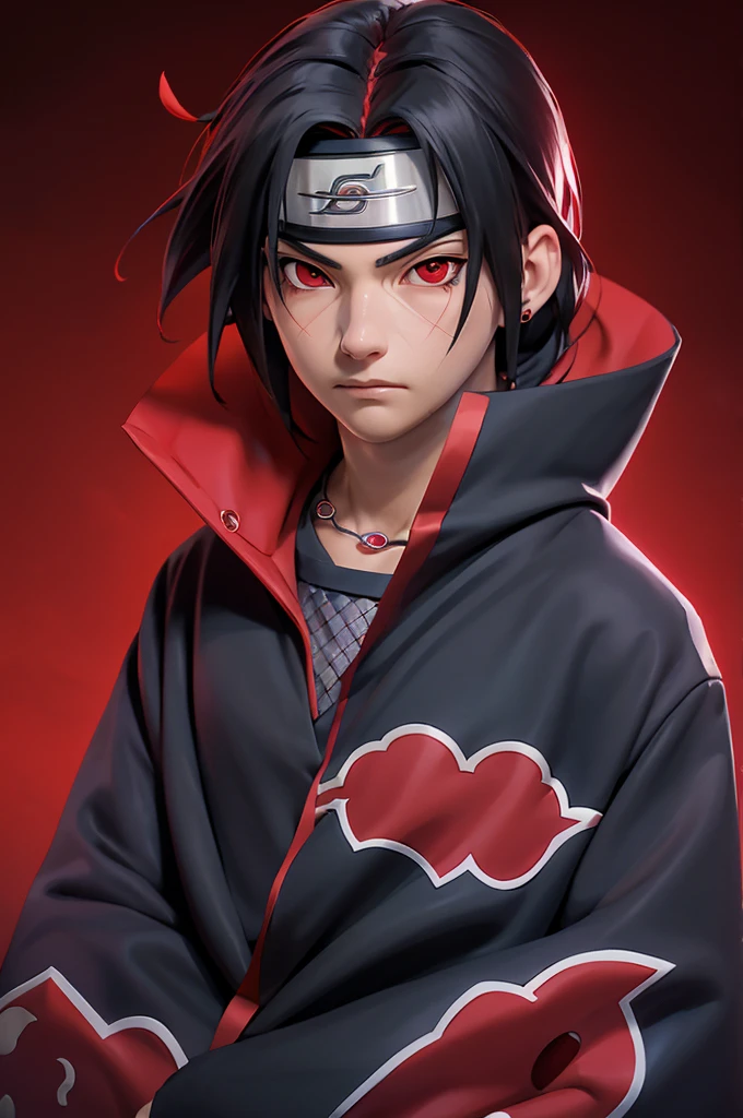 (masterpiece, best quality:1.2), red theme, solo, male focus, 1boy, uchiha itachi, expressionless, closed mouth, looking at viewer, forehead protector, ninja, cloak, high collar, jewelry, necklace
