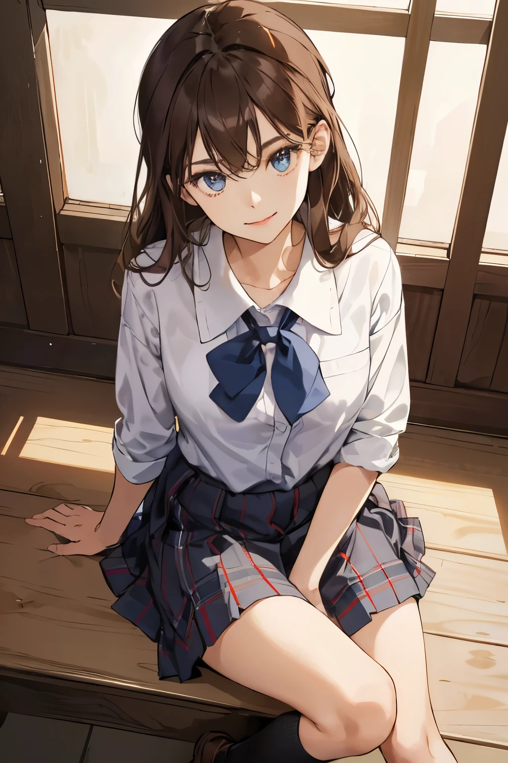 (Sitting quietly in a cozy indoor setting, 1girl --s2 wears a pristine school uniform complete with a plaid skirt that falls gracefully over her thighs, loafers with black socks, and a crisp white blouse. Her long brown hair cascades down her back, framing her delicate and expressive face. Her bright, detailed eyes reflect a thoughtful and introspective demeanor as she looks up at the audience with a soft, parted smile.)