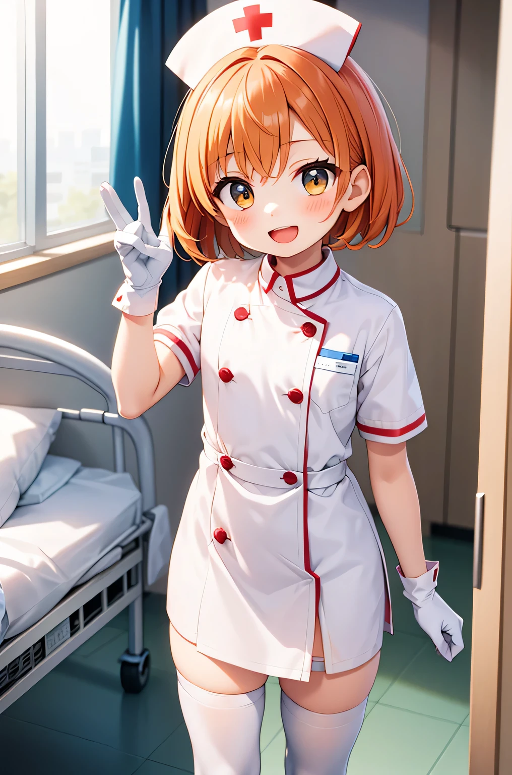 1 boy, alone, male focus, nurse, nurse cap, Whiteware, ((white legwear, zettai ryouiki)), white gloves, short hair, orange hair, smile, open your mouth, Are standing, ((hospital room)), sharp outline, short sleeve, Shota, , highest quality, masterpiece