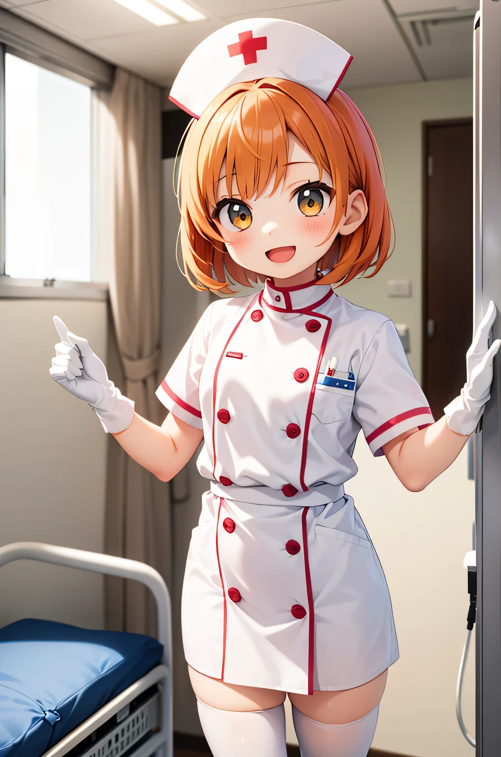 1 boy, alone, male focus, nurse, nurse cap, Whiteware, ((white legwear, zettai ryouiki)), white gloves, short hair, orange hair, smile, open your mouth, Are standing, ((hospital room)), sharp outline, short sleeve, Shota, ************, highest quality, masterpiece