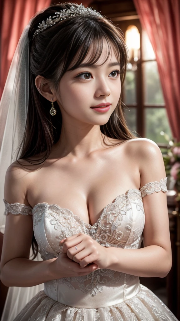 Best Quality,Ultra-detailed,romantic,Beautiful detailed eyes,Beautiful detailed lips,long eyelashes,Flower bouquet,Delicate lace details,dreamy ambiance,Soft lighting,wedding dress,fairy tale stage:,gorgeous decoration,Vivid colors,Emotional moments,Smiling,Joyful,celebration,Happiness,love and romance,Memorable opportunities,Eternal love,special occasions,bride,emotional vows,Unforgettable memories,bride'maid of,Fine Art Prints,Exquisite beauty,sparkling diamond ring,Classic elegance,Captivating portrait,Photorealistic,soothing music,serene ambiance,romantic ritual,Glowing candles,breathtaking scenery,harmony,perfect bond,Graceful movement,happy tear,Magical atmosphere,Eternal happiness,Cherished moments,once in a lifetime experience、I keep my hair up and short 、off shoulders、1 、Long veil、a baby face、childish、Shot from directly above、Looking at the camera