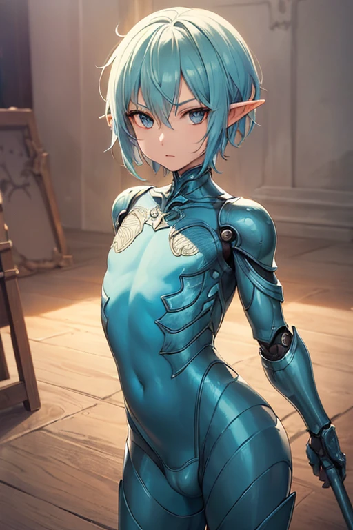 a ((boy,veryshorthair,)) Clear expression ,pixiv contest winner, fantasy art, wlop glossy skin, high quality detailed anime, perfect expression, small curvy , astri lohne, biomechanical , masayoshi suto beautiful alluring anime teen,((flat chest,bulge,cowboy shot)) ,dungeon,hannahowo,highres, ultra detailed ,cowboy shot, short hair, armor, ((dragon boy, soles of feet)),elf, Vivid metallic color, spear