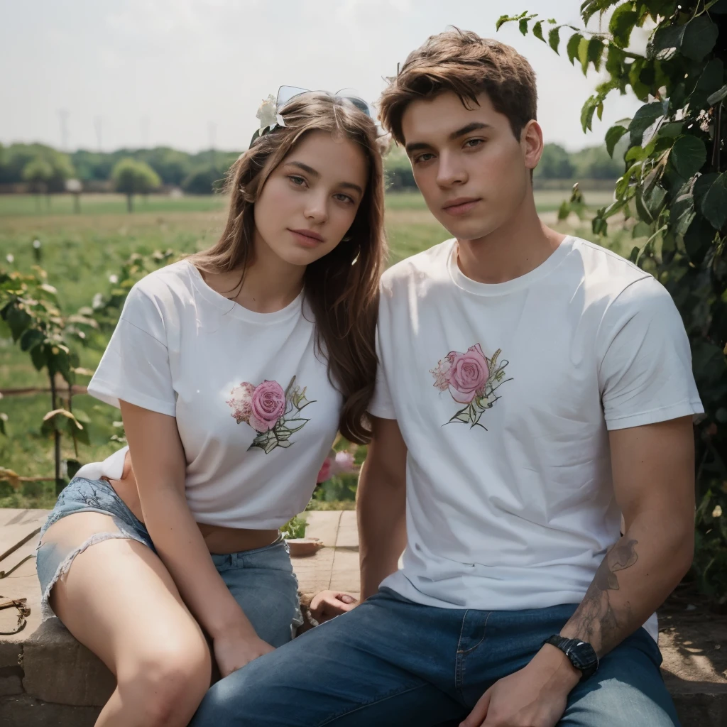 Two lovers, the girl is sitting, the boy is holding a white rose on his head, a beautiful face, a V-shirt, the background is a fan farm, 16K HD.