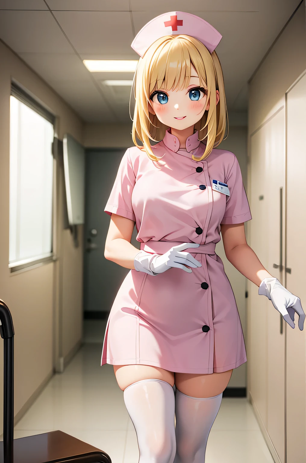 1 female, alone, nurse, nurse cap, Whiteware, ((white legwear, zettai ryouiki)), white gloves, blonde hair, blue eyes, pink lips, smile, Are standing, ((hospital room)), sharp outline, short sleeve, mature woman, 35 years old, highest quality, masterpiece