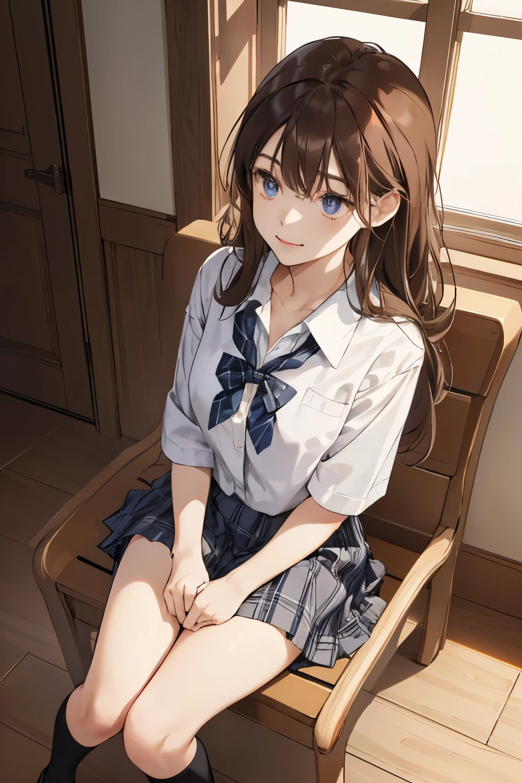 (Sitting quietly in a cozy indoor setting, 1girl --s2 wears a pristine school uniform complete with a plaid skirt that falls gracefully over her thighs, loafers with black socks, and a crisp white blouse. Her long brown hair cascades down her back, framing her delicate and expressive face. Her bright, detailed eyes reflect a thoughtful and introspective demeanor as she looks up at the audience with a soft, parted smile.)
