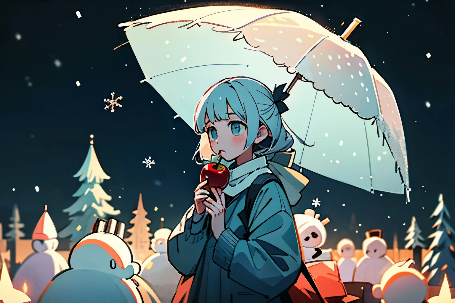 girl、holding a glass apple、many snowflakes are falling、snow scene、night