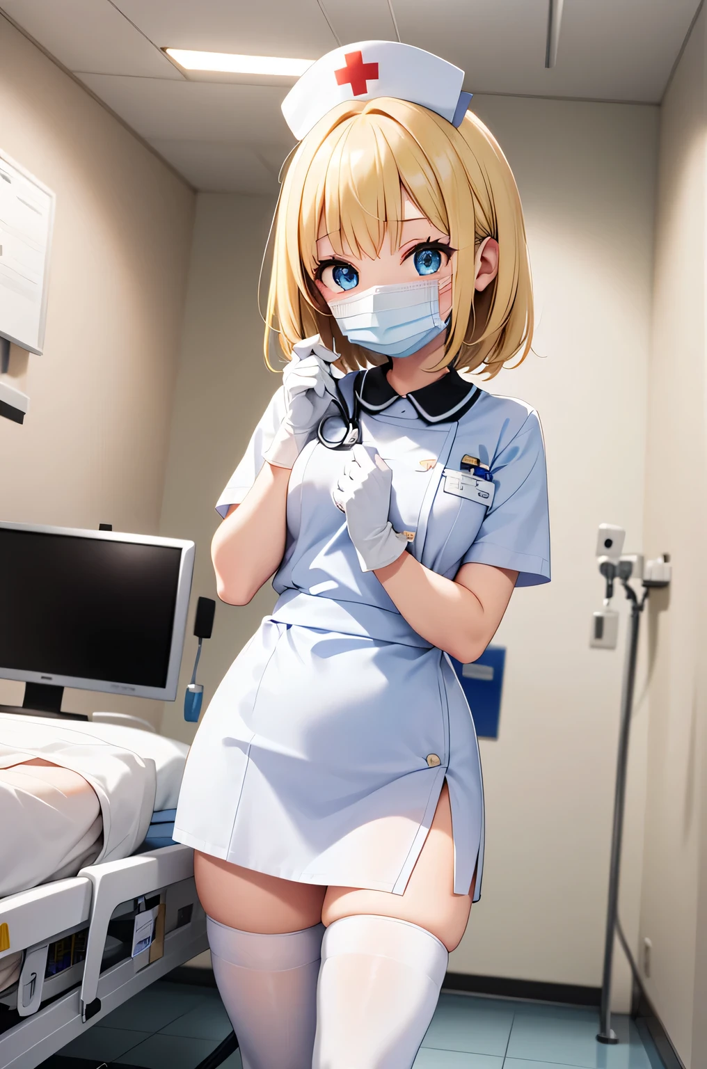 1woman, solo, nurse, white nurse cap, white nurse uniform, ((white legwear, zettai ryouiki)), white gloves, blonde hair, blue eyes, ((white surgical mask, covered nose)), standing, ((hospital room)), sharp outline, short sleeves, mature female, 35 years old, best quality, masterpiece