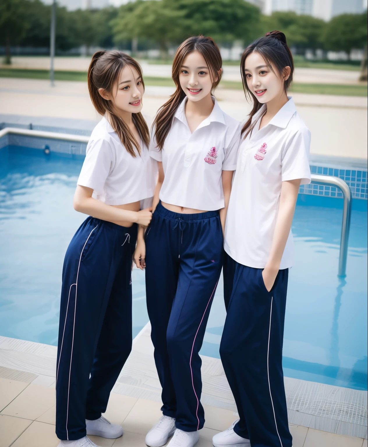 3 girls in the swimming pool, Navy blue short-sleeved shirt,Navy Long Trackpant,Sweatpants, Sweatpantsขายาว,25 year old girl, lesbian, sexy, exercise clothes, wet body, exercise clothes