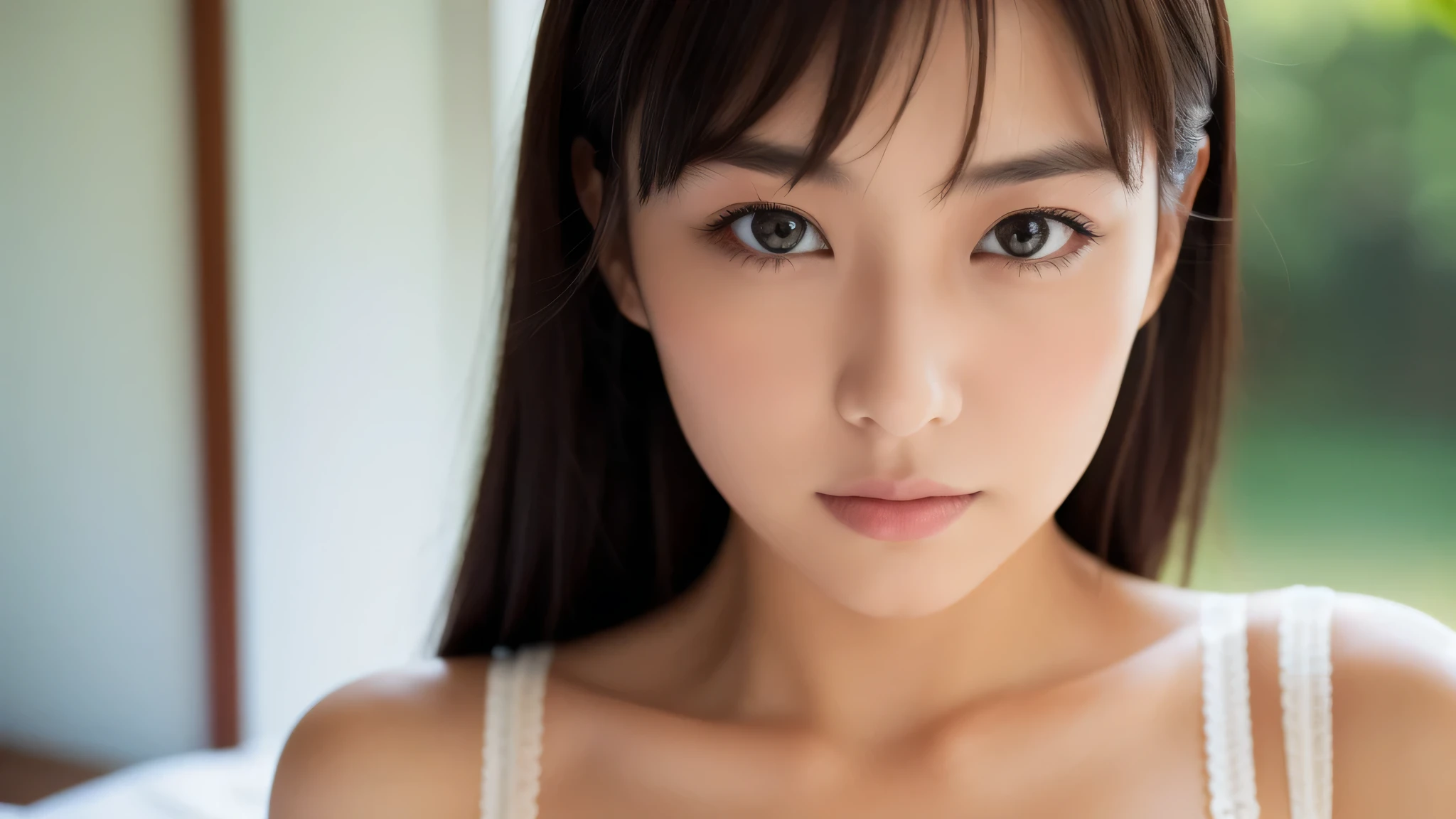 (A superb exquisite yukinoshitaYukino),(yukinoshitaYukino:1.5), (oregairuUniform:1.5), brown eyes, black hair, natural straight hair, straight bangs, solo, nature, extremely delicate, straight facial features, peerless beautiful girl, soft, (sensual face), ((ecchi face)), dreamy quality, exaggerated facial features, solid color, frank holly, delicate face, bright lips, slender waist, soft curves, real light and shadow, super fine, 4k, natural moving, Ultra high resolution, (masterpiece:1.2, best quality), (finely detailed beautiful eyes: 1.2), (beautiful detailed face), sexy semi-nude model, sexy pose, Ultra high definition white bra and panties, erect nipples,Medium chest, slender body, (bedroom),