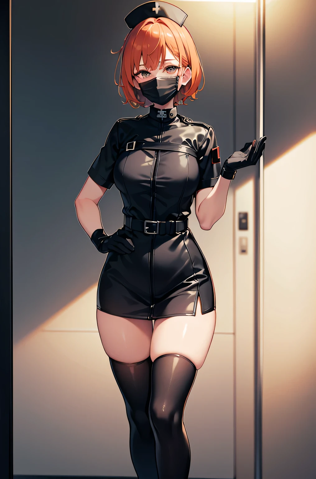 black nurse, 1 girl, alone, black nurse cap, Black Wear, ((black legwear, zettai ryouiki)), black elbow gloves, very short hair, orange hair, ((Black surgical mask, Covered nose)), Are standing, ((operating room)), sharp outline, short sleeve, Tomboy, boyish, highest quality, masterpiece