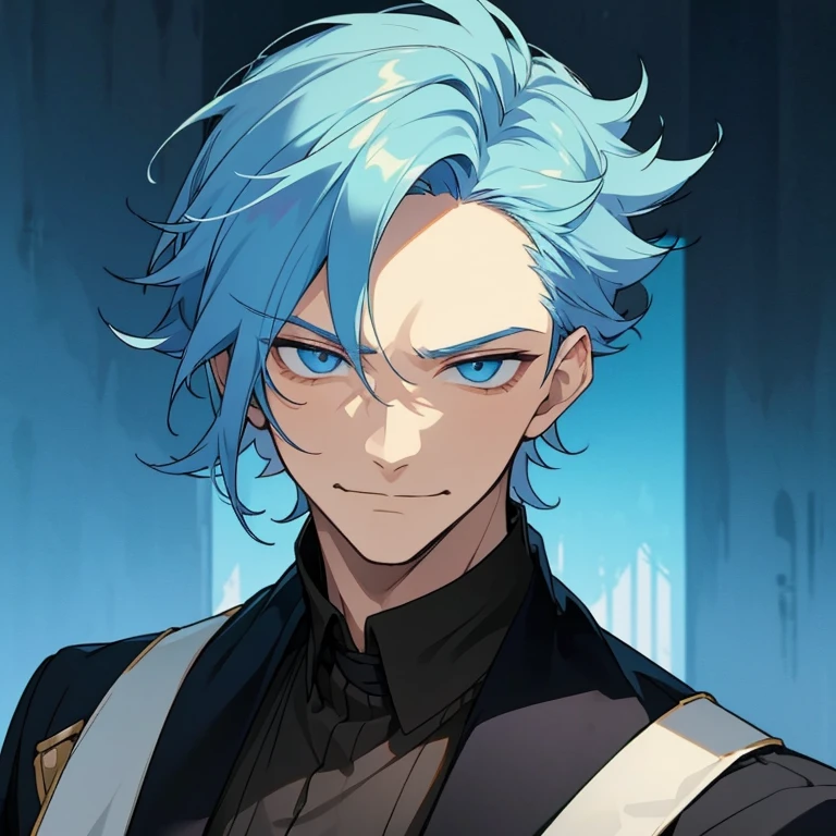 1 boy, light blue hair, blue eyes, black noble cloth, calm face, handsome male guy, masculine, old boy, grown man, 28 years old, bored face, man, big male, villain, smile, short hair, missy hair, crazy face