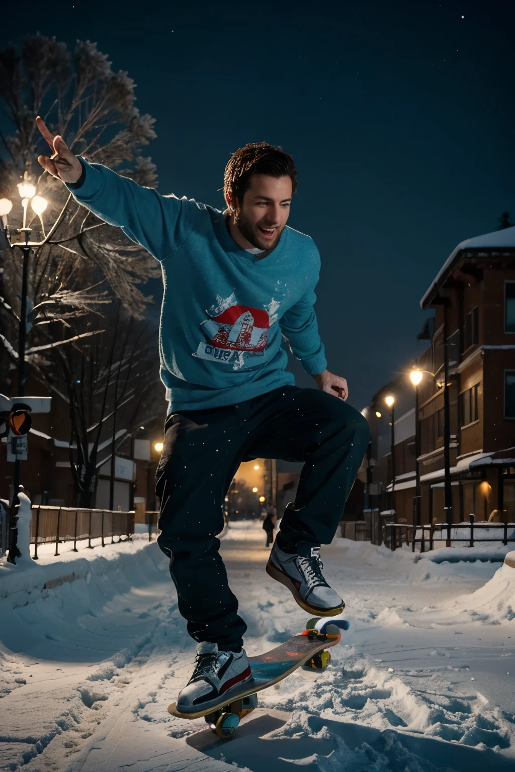 A cute 30-year-old man made a brilliant jump on a skateboard in snow weather. Artistic, Conceptual Art, Glow, UHD, Retina, Masterpiece, Accurate, Anatomically Correct, Ultra Detailed, High Detail,