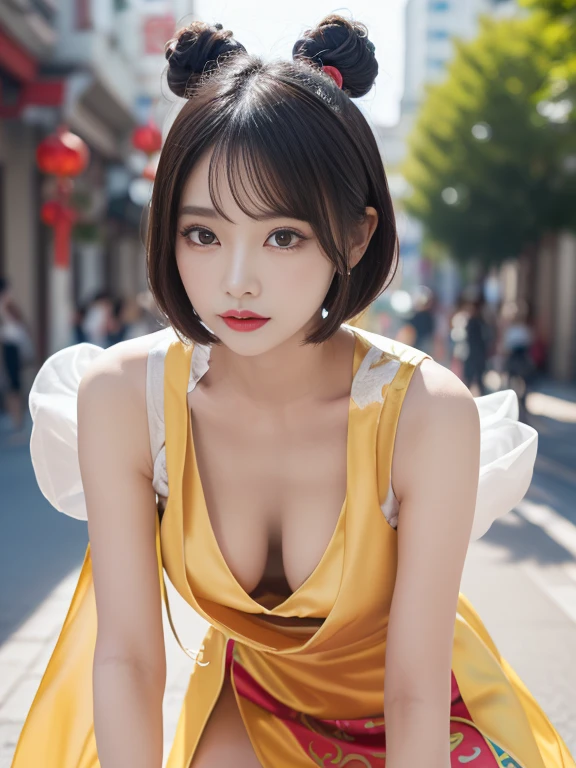 (((very detailed , 8k wallpaper, masterpiece, High resolution, highest quality))), ((Beautiful woman, Model-like posture, acrobatic pose,fighting pose,)),((Chinese dress style idol costume, Cute colorful pattern and sexy slit＆sexy costume.):1.5),(Chinese dress style idol costume:1.4),
(Cute colorful frills and sexy slit＆sexy costume.:1.3), ((very detailed顔, very detailed black eyes, extra detailed body, highest qualityのリアルテクスチャスキン)), (Short Bob Cut Hair, white skin,), (Chinese style wall), surreal, digital paint,