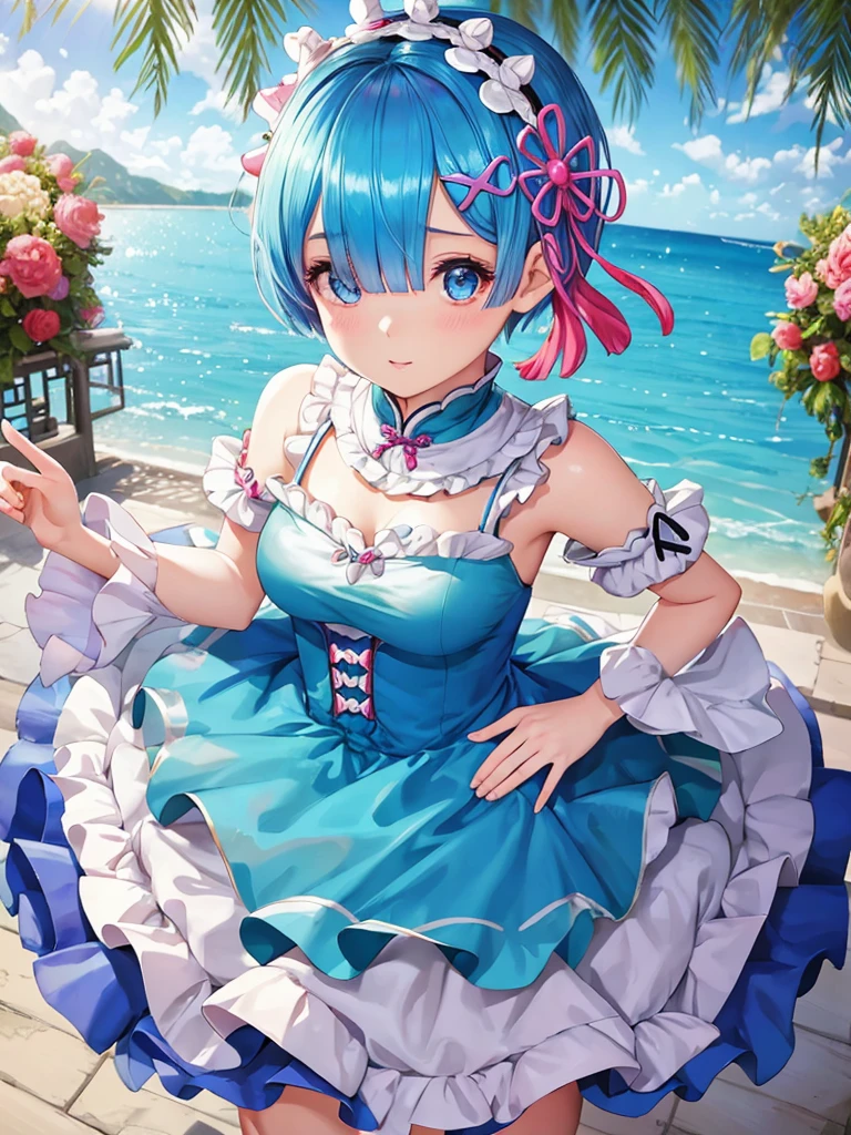 masterpiece, best quality, ultra detailed, ((Rem,Re Zero,Brandt,blue hair,short hair)), fascinating, Decorated, attractive, feminine, coordinate, accessories, cute, playful, with ruffles, fascinating,  stylish, attractive, Chinese style dress, Complex, glamorous, shine,Coordinated, adorable, glamorous,  accessories,  Chinese style dress, take a pose,  amazing, Coordinated, Beachy, playful, with ruffles, glamorous, fascinating, feminine, glamorous, cute, spinning around, 