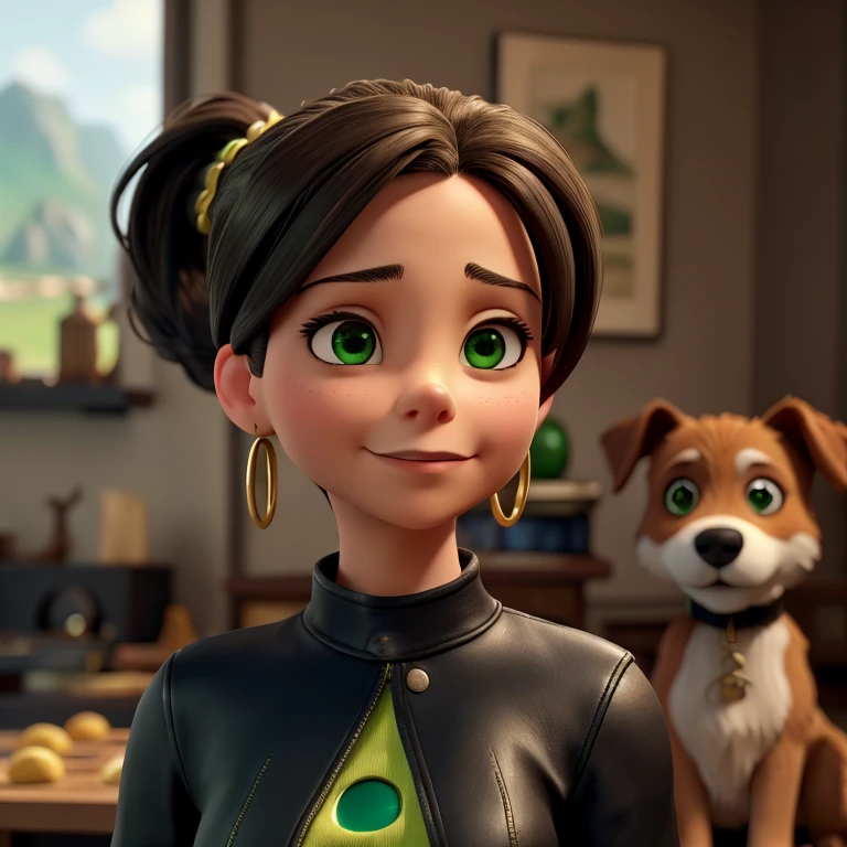 Kristin Kreuk with ponytail, green eyes, golden looped earrings, dog collar, in black leather pants. Looking at the spectator. Very detailed. Cinematic lighting. Chef d'oeuvre. Dynamic angle. beautiful landscape