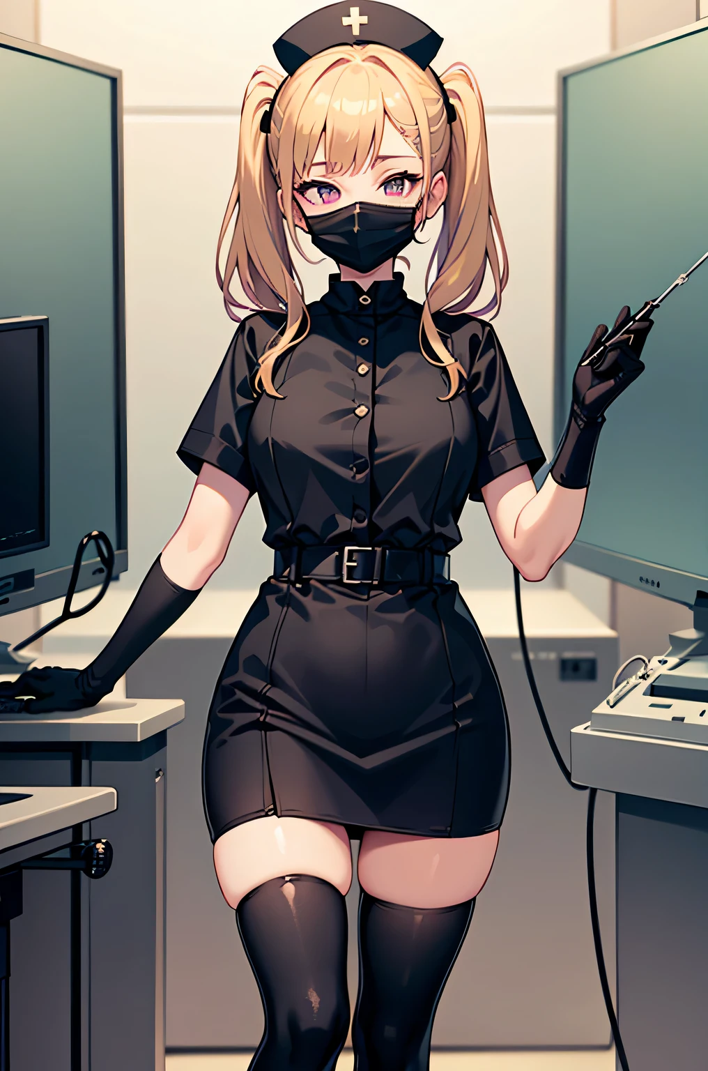 black nurse, 1 girl, alone, black nurse cap, Black Wear, ((black legwear, zettai ryouiki)), black elbow gloves, twin tails, yellow hair, purple eyes, ((Black surgical mask, Covered nose)), Are standing, ((operating room)), sharp outline, short sleeve, highest quality, masterpiece