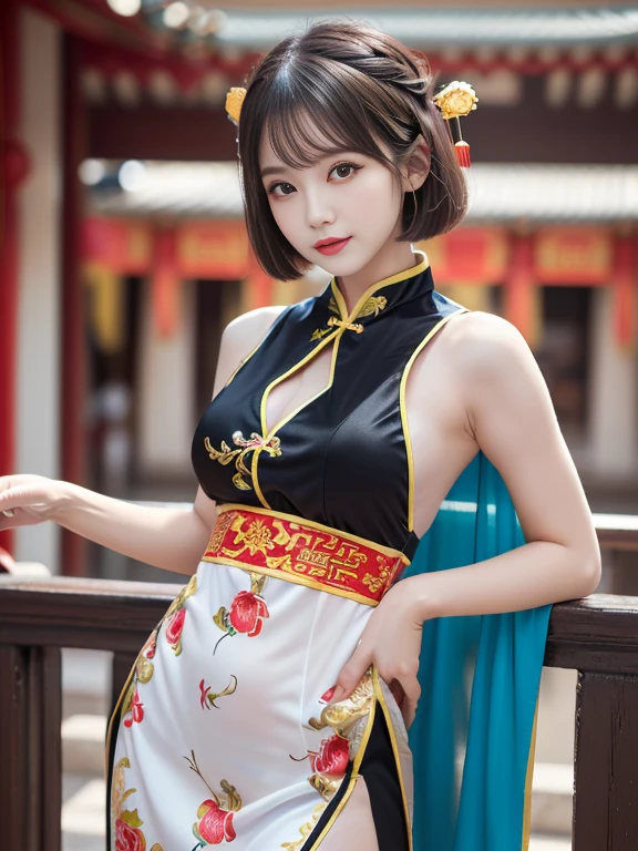 masterpiece, top quality, high detailed, detailed face, bright Eyes, exterior, blurred background, dynamic poses, dynamic angle, (from the front),standing, (small breasts),(neckline),(see through dress),(Thinking in the future:1.5), xianglingdef, happy, Laugh, hot and spicy, happy, In an old traditional Chinese restaurant.