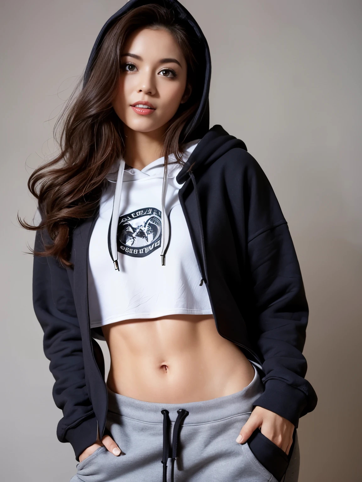 1 girl, beautiful  (cute loose curly hair), (Wearing a cropped hoodie, Caprice sweatpants:1.5), (put one&#39;Hand in hand&#39;pocket of:1.5), (red lips:1.3), , (toned stomach:1.3), (eyelash:1.2), beautiful detailed eyes, symmetrical eyes, (detailed face), immersive background, Volumetric haze, global illumination, soft lighting, (flowing hair), (bright smile), Natural light, (realistic:1.5),