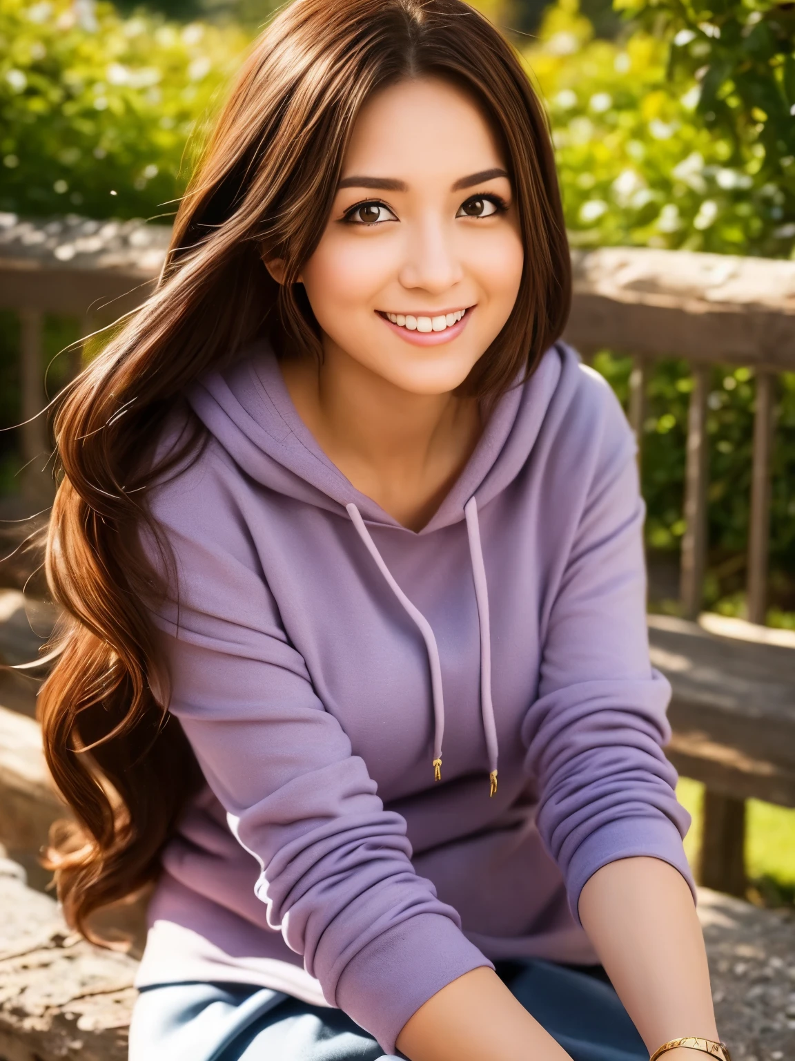realistic, 1 girl, brown hair, purple eyes, shining eyes, gray hoodie, skirt, flowers in hair, sun, sunlight, smile