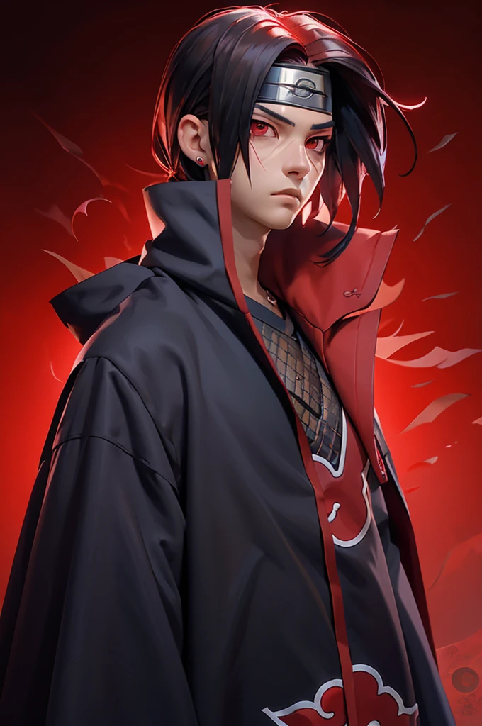 (masterpiece, best quality:1.2), red theme, solo, male focus, 1boy, uchiha itachi, expressionless, closed mouth, looking at viewer, forehead protector, ninja, cloak, high collar, jewelry, necklace, front and side view