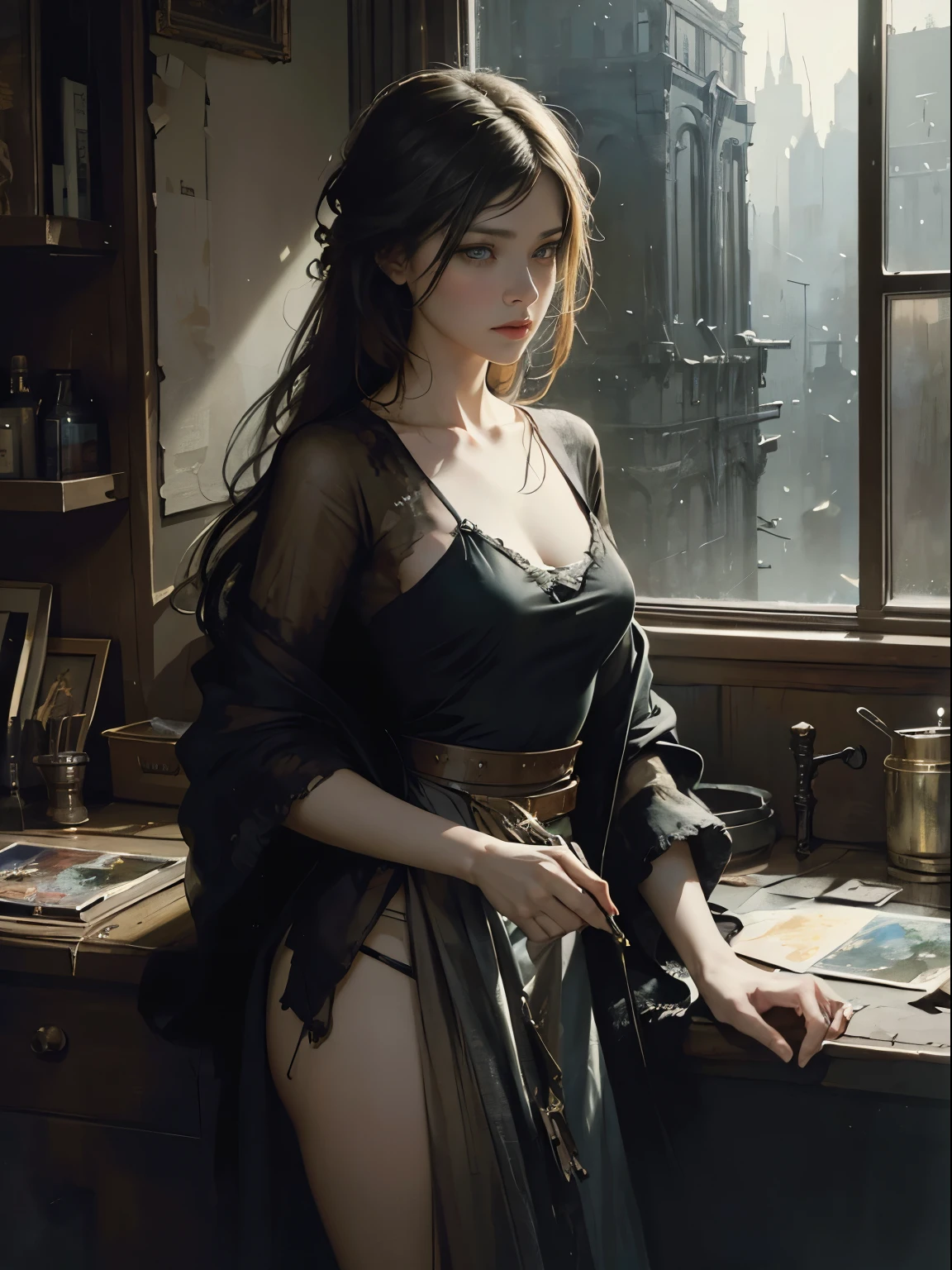 painting of woman, with influence of Jeremy Mann, Jeremy Mann, style of Jeremy Mann, Jeremy Mann painting, Jeremy Mann art, Ron Hicks, Liepke, Jeremy Mann and alphonse mucha, Works that influenced Edmund Blampid, robert lenkiewicz, Casey Baugh and James Jean, Works that influenced Willem Kalf, Nick Alm, tumbler, figurative art, Intense watercolor painting, watercolor detailed art,Beautiful and expressive painting, Beautiful artwork illustration, very colorful tones, Fantastic, cool beauty, highest quality,official art, women only, sharp outline, melancholy, nostalgia, Eyes without pupils, color eye, ideal anima, In search of lost time