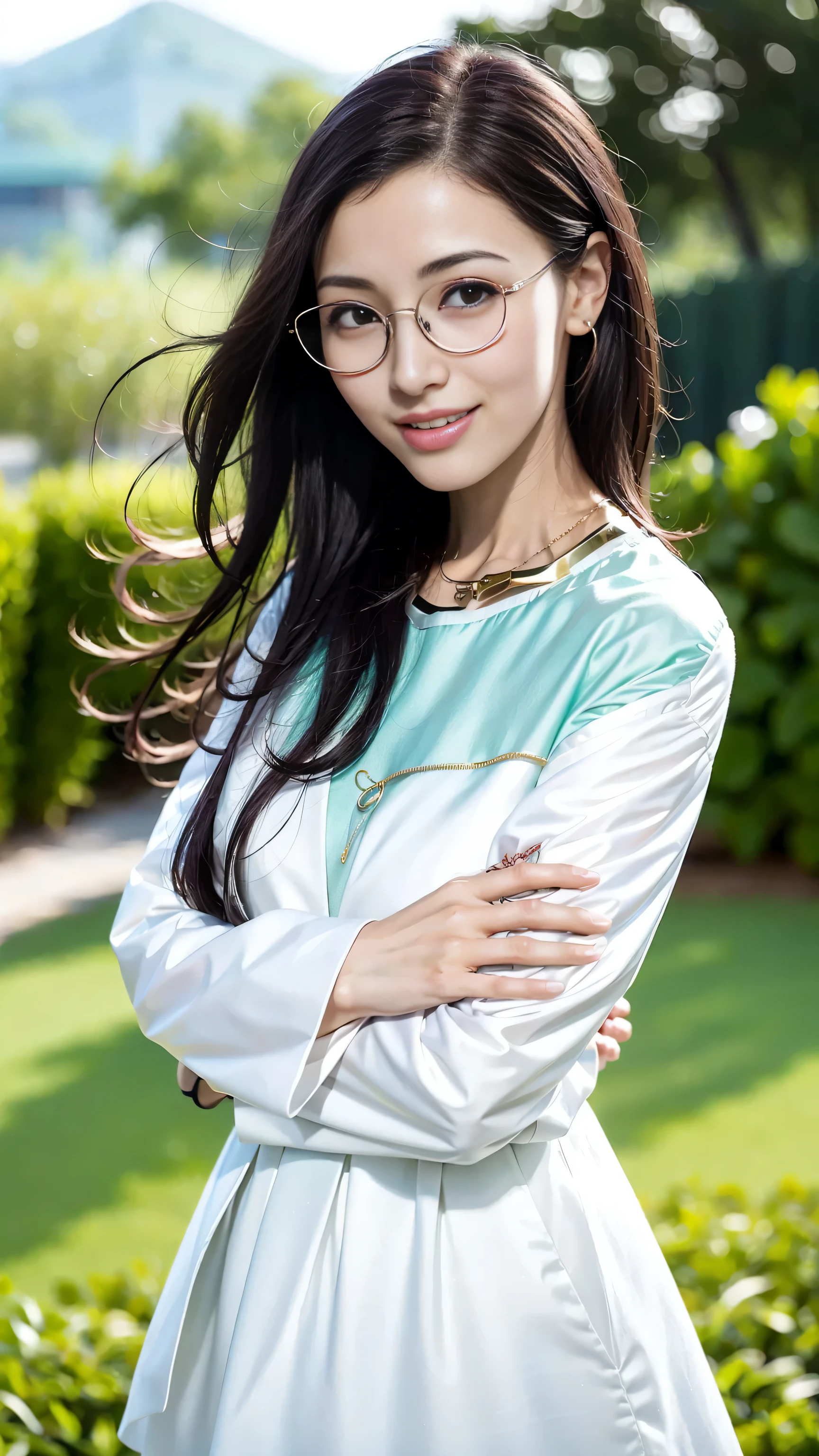 look at this and smile、Under the blue sky in midsummer、White casual clothes、best quality、Masterpiece、real picture、intricate details、original photo、super detailed、delicate face、delicate skin、8K masterpiece、((1 girl))、((alone))、18 years old、((gold-wire glasses))、CG social trends、((long black hair))、((beautiful woman))、(a smile)、Top Teeth、fashionable、hair blowing in the wind、((flowing hair))、fashion magazine、((a sexy))、((like the same light)、((indirect lighting)、、(gender)、grinning、(looking from a distance)