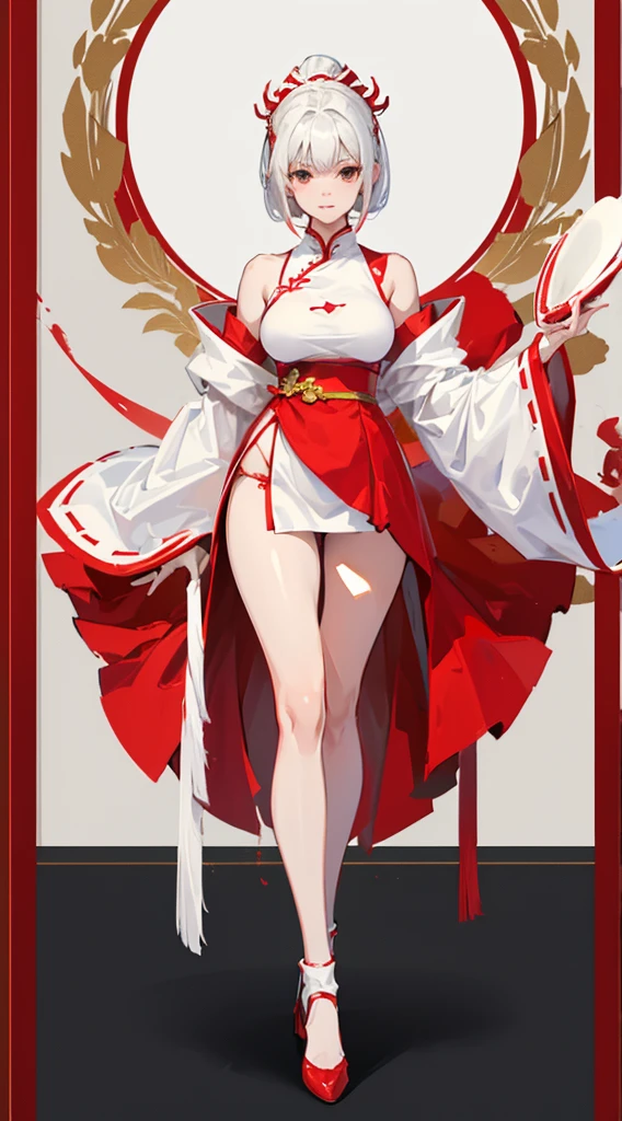 a girl，white short hair，Wearing red and white Hanfu，Leaking out of the thighs，huge ，slender waist，wearing high heels，full body display，Standing posture，Look ahead，Red and white background。