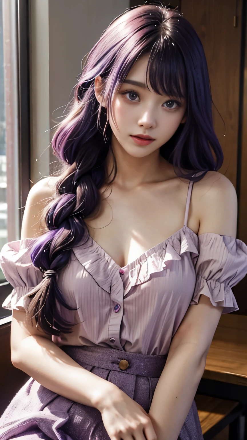 masutepiece、best quality、Super detailed、illustration、Colorful、False color、depth of field、lens flare、1girl in、cartoon、lecture、Purple hair big breasts头发、Purple hair big breasts，thick braid，long hair，purple eyes，Gaze at the viewer、School、Rude room、、Clear chest patch、Delicate skin、 Serafuku，Delicate texture，Delicate fabric，Exquisite beauty，