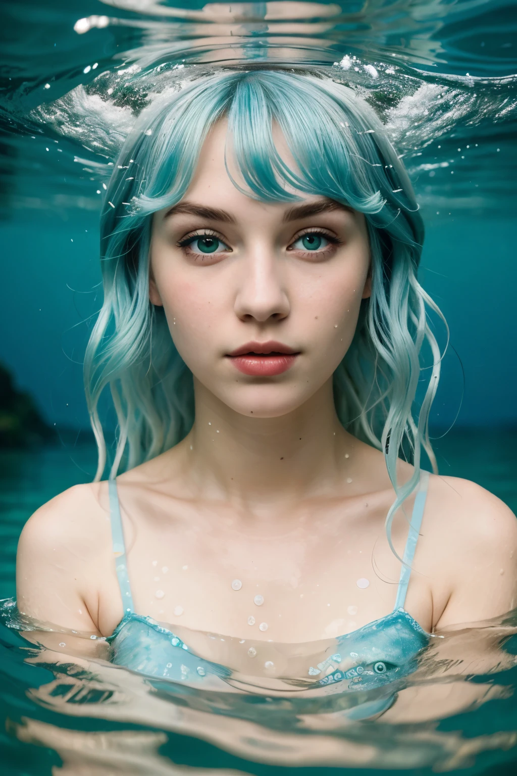 ((best quality)), ((masterpiece)), (detailed), perfect face，Positive face，White faces，blue hair，Mermaid，fin，swim，in water，green pupils，pale skin，deep sea