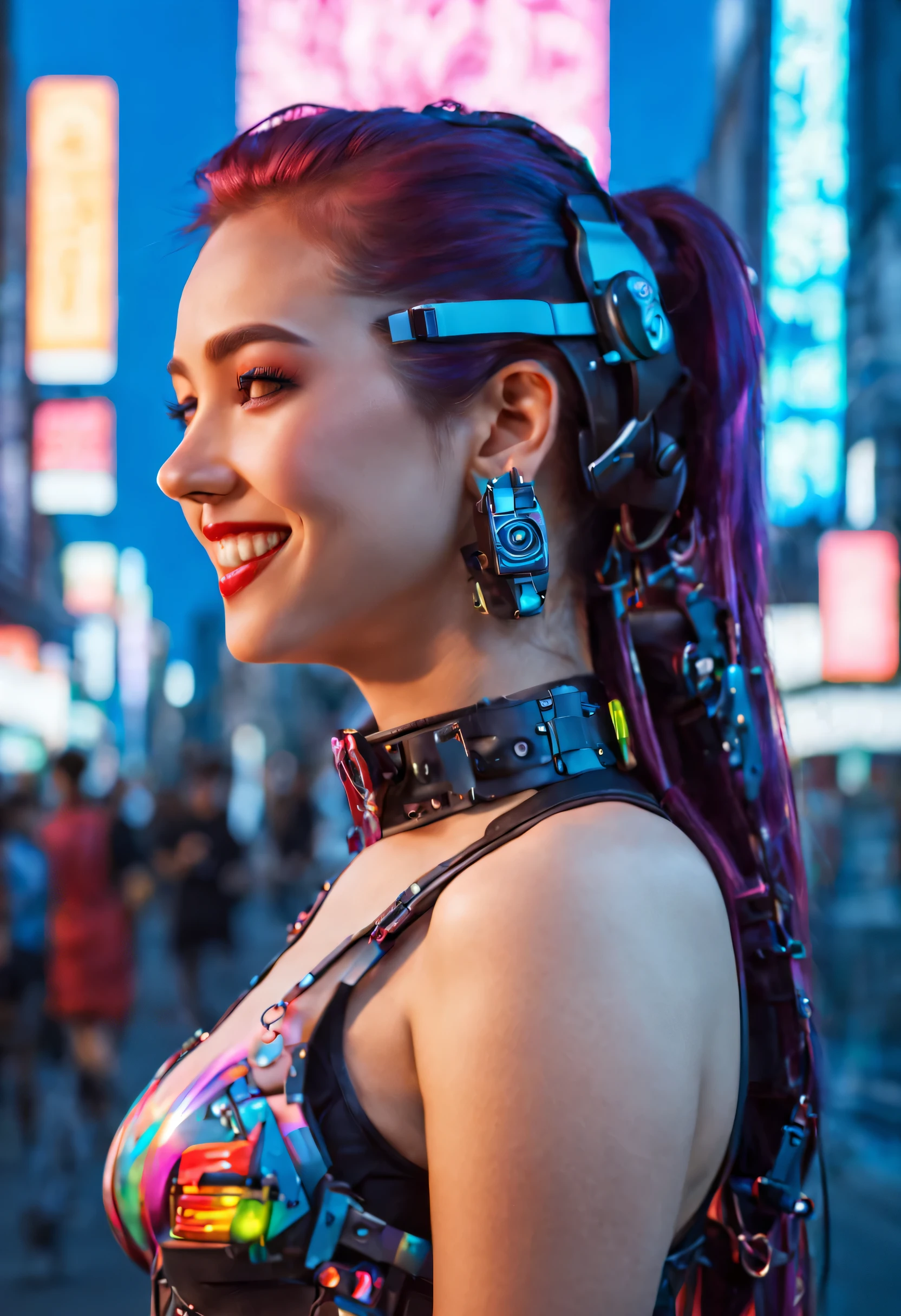 masterpiece, best quality, ((smiling)) cyberpunk girls standing, sunglasses, side view, Harajuku-inspired cyberpunk body harness, bold colors and patterns, eye-catching accessories, trendy and innovative hairstyle, dazzling Cyberpunk cityscape, skyscrapers, glowing neon signs, LED lights, anime illustration, detailed skin texture, detailed cloth texture, beautiful detailed face, intricate details, ultra detailed, cinematic lighting, strong contrast. INFO
