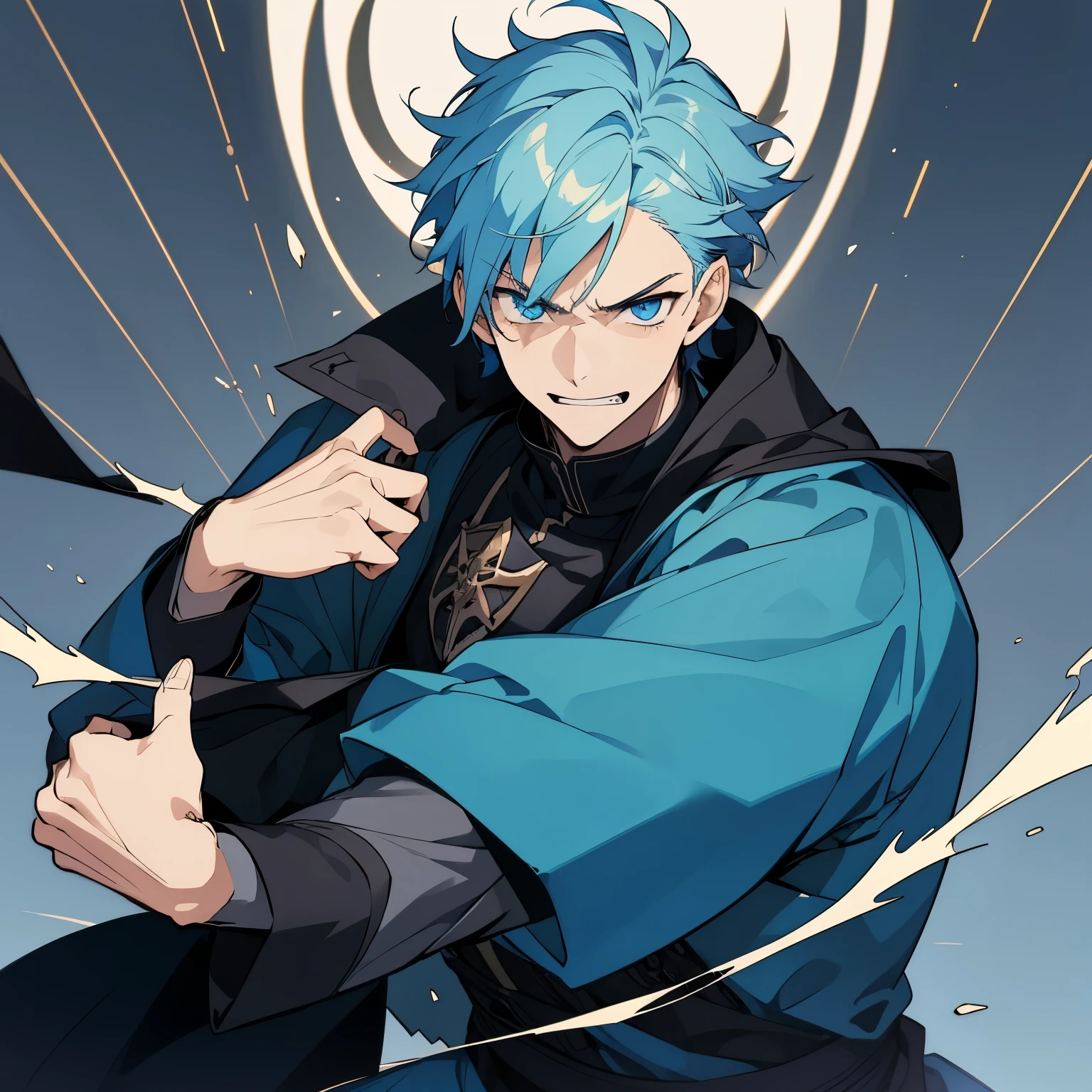 1 boy, light blue hair, blue eyes, black noble cloth, calm face, handsome male guy, masculine, old boy, grown man, 28 years old, bored face, man, big male, villain, short hair, missy hair, hands open, crazy face, angry, shouting, smiling