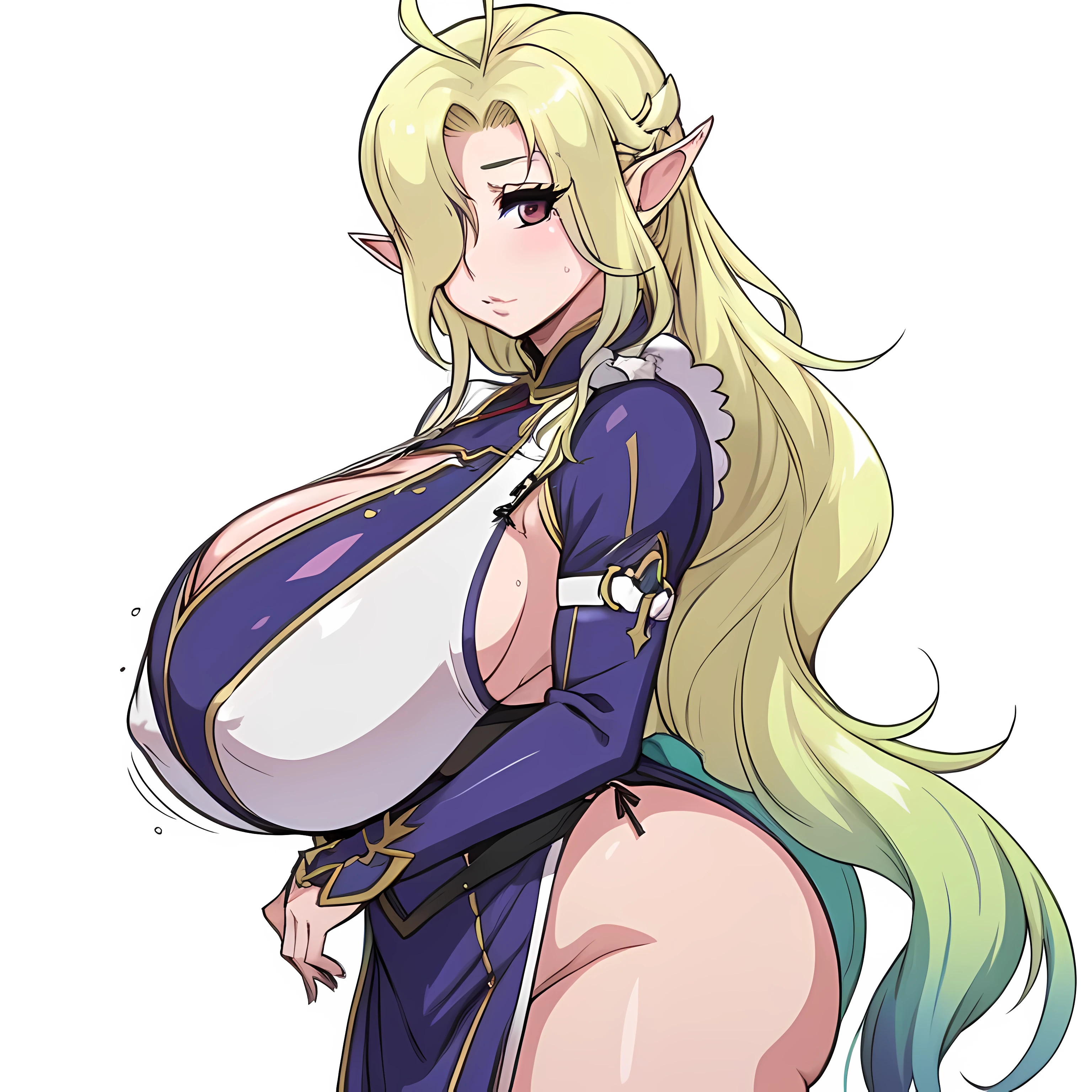 1fw.stentrem,(((mature age))), elf, very long hair,
gradient hair, very erotic face expression, wide hips, thick thighs, huge round ass, huge natural Hitomi Tanaka breasts, wearing a cute japanese maid cafe outfit, location is fully white liminal space, no background only white color , blank white background behind character , no lightning and no shadows, png, chibi emote