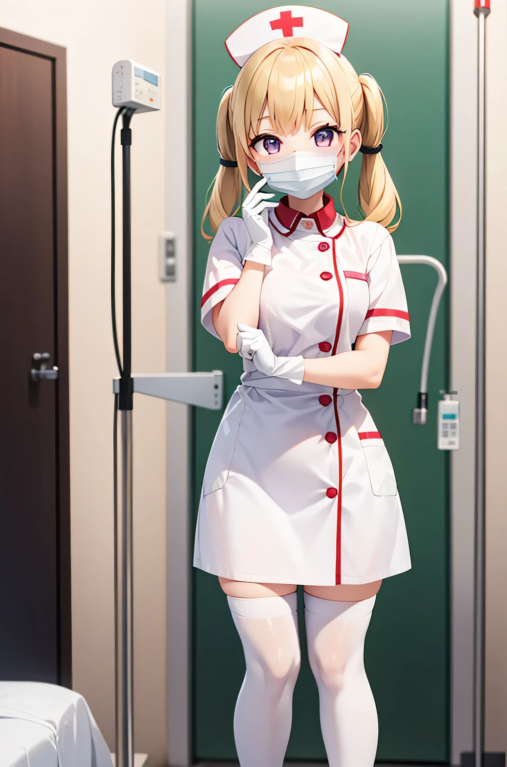 1 girl, alone, nurse, nurse cap, Whiteware, ((white legwear, zettai ryouiki)), white gloves, twin tails, yellow hair, purple eyes, ((White surgical mask, Covered nose)), Are standing, ((hospital room)), sharp outline, short sleeve, highest quality, masterpiece