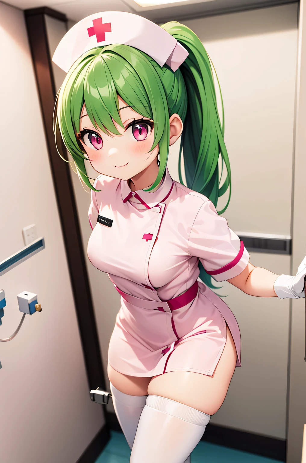 1 girl, alone, nurse, nurse cap, Whiteware, ((white legwear, zettai ryouiki)), white gloves, ponytail, green hair, pink eyes, smile, Are standing, ((hospital room)), sharp outline, short sleeve, highest quality, masterpiece