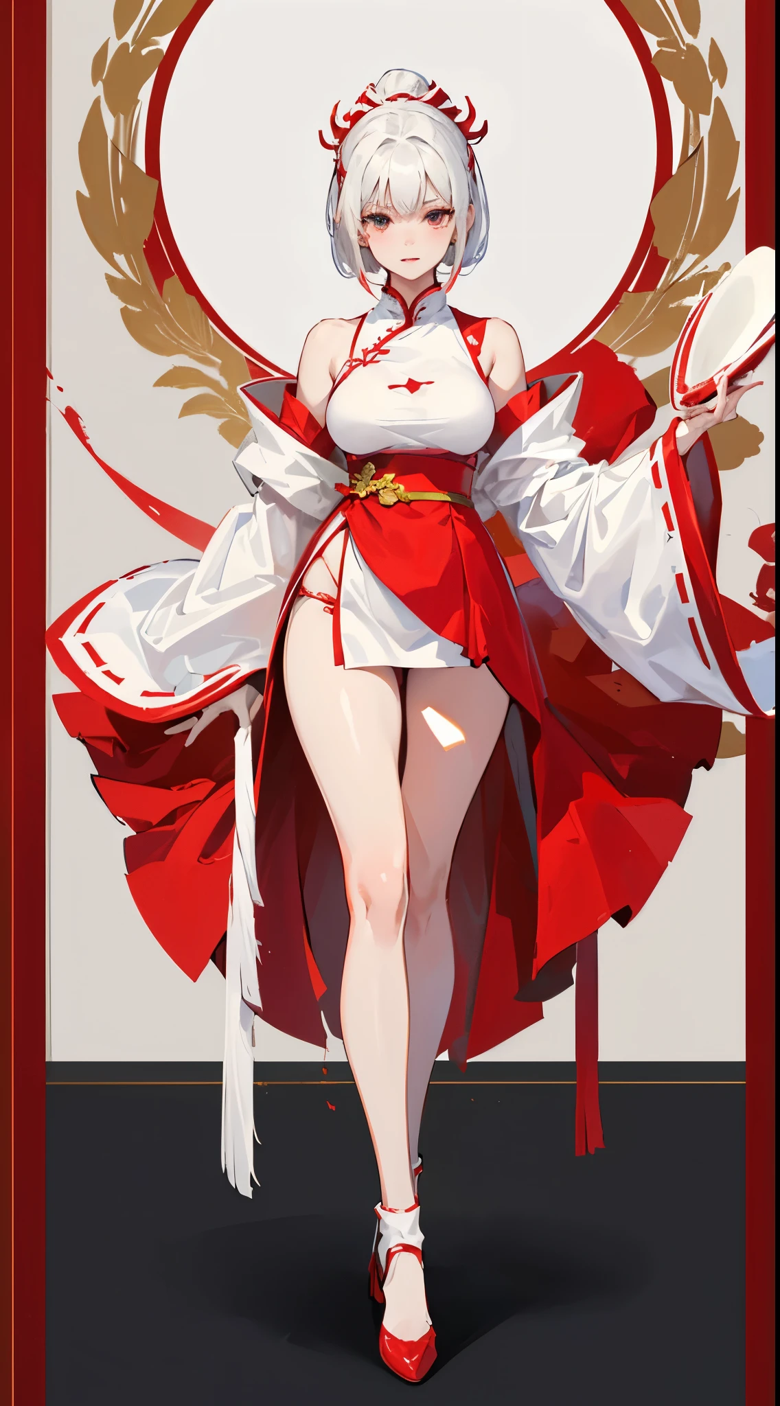 a girl,white short hair,Wearing red and white Hanfu,Leaking out of the thighs,huge ,slender waist,wearing high heels,full body display,Standing posture,Look ahead,Red and white background。