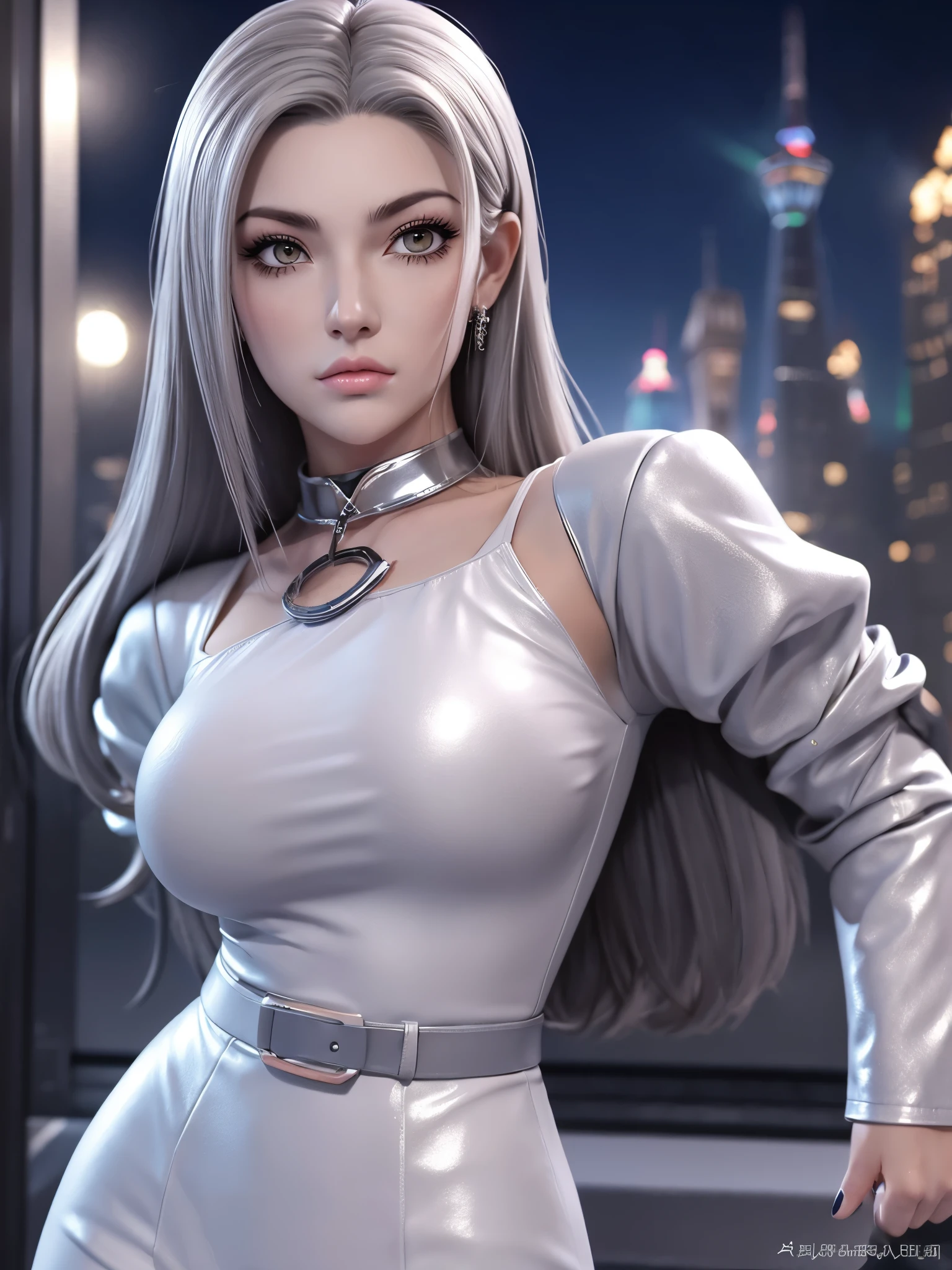 Masterpiece, Superb Girl, Night Moon Full Moon, 1 Female, Mature Woman, Sister, Royal Sister, Cold Face, Expressionless, Silver-White Long-Haired Woman, Light Pink Lips, Calm, Intellectual, Three-banded Gray Eyes, Assassin Short Knife, tight leather clothes,night,falling blossoms, Hand Details, Finger Details, Facial Details, Eye Details,full body in frame,