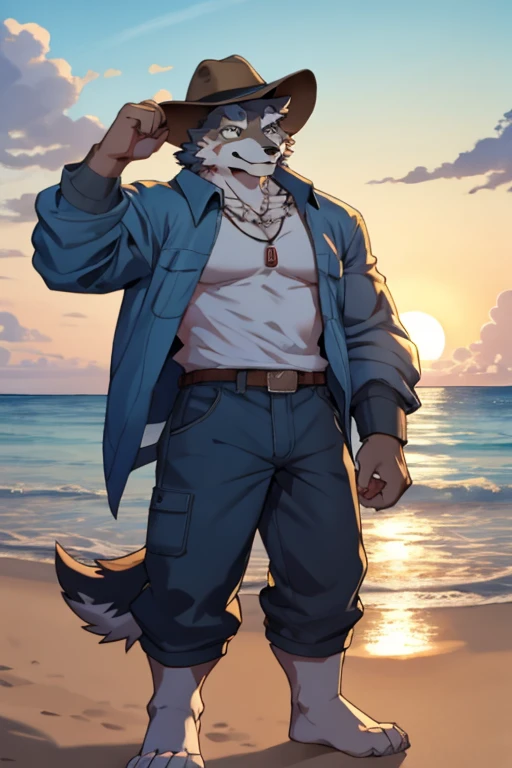 An image of a 19-year-old teenage gray wolf kemono having somewhat large and voluminous musculature with the sense that they are very well formed, trabaja, robusta y tonificada, llevando puesta ropa deportiva de culturista atractiva(sin ninguna camisa y teniendo una chaqueta larga azul sin mangas) y estando de paso por la orilla de una playa al atardecer.
