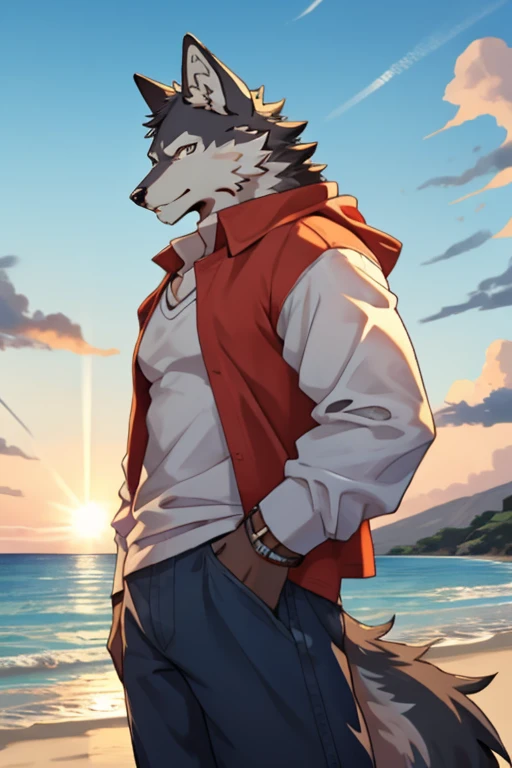 An image of a 19-year-old age gray wolf kemono having somewhat large and voluminous musculature with the sense that they are very well formed, trabaja, robusta y tonificada, llevando puesta ropa deportiva de culturista atractiva(sin ninguna camisa y teniendo una chaqueta larga azul sin mangas) y estando de paso por la orilla de una playa al atardecer.
