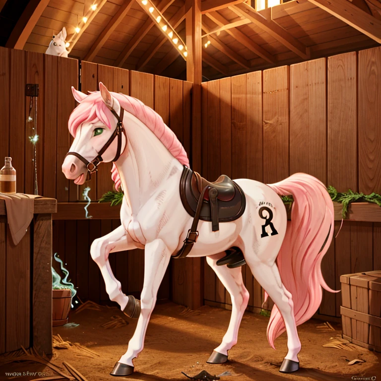 shocked slim feral horse with White fur with long Pink mane and Green eyes
With a black saddle on her back there are some traces of magic floating around her she is in a stable