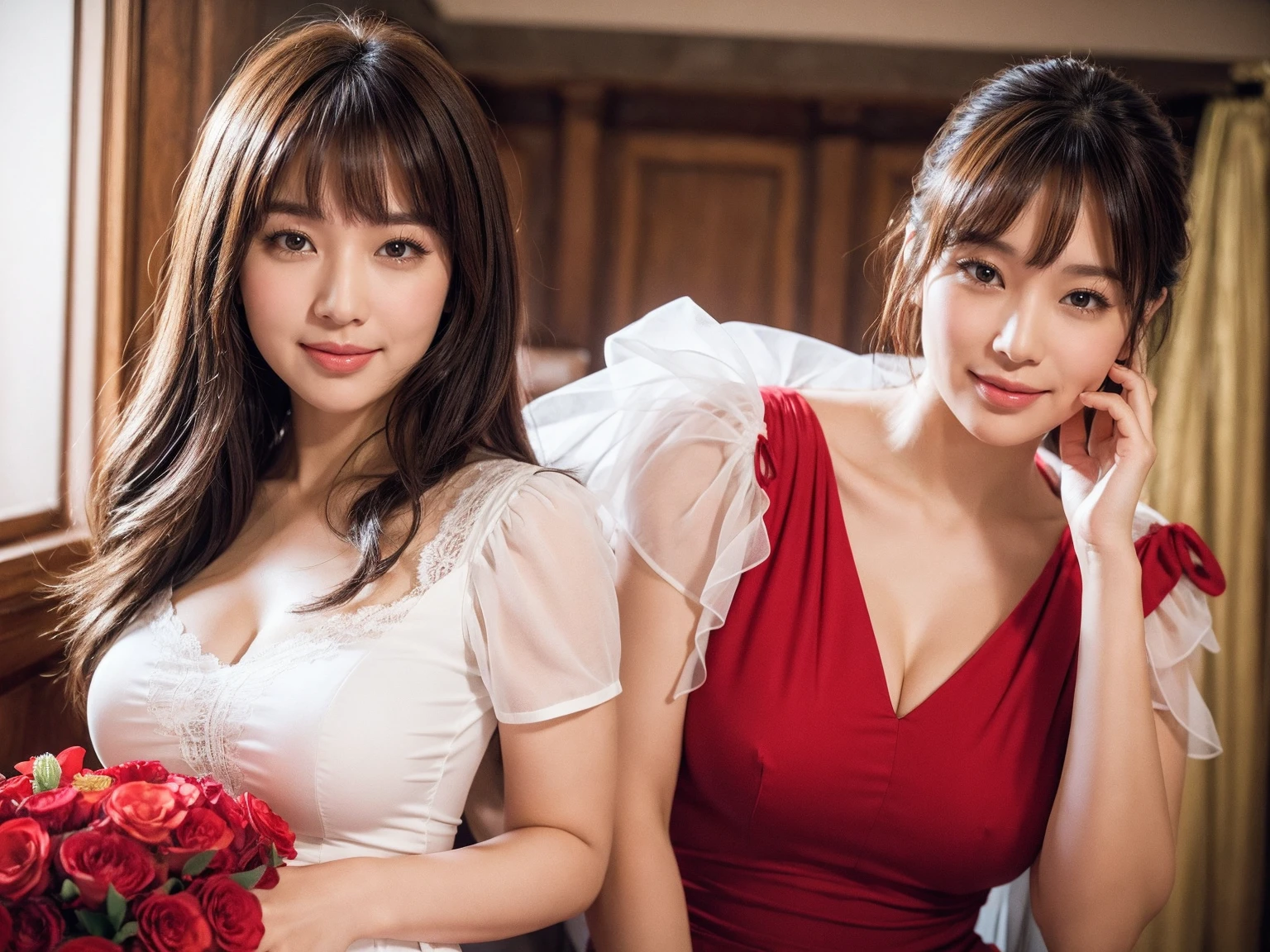 Medium view, medium shot, Depth of bounds written, Charming seductive, 3 people, bust, Upper body, cinematic angle, masterpiece, highest quality, Super detailed, cg, 8k wallpaper, beautiful face, delicate eyes, maiden, alone, smile, bangs, skirt, shirt, have, Crimson dress, bow, petal, bouquet